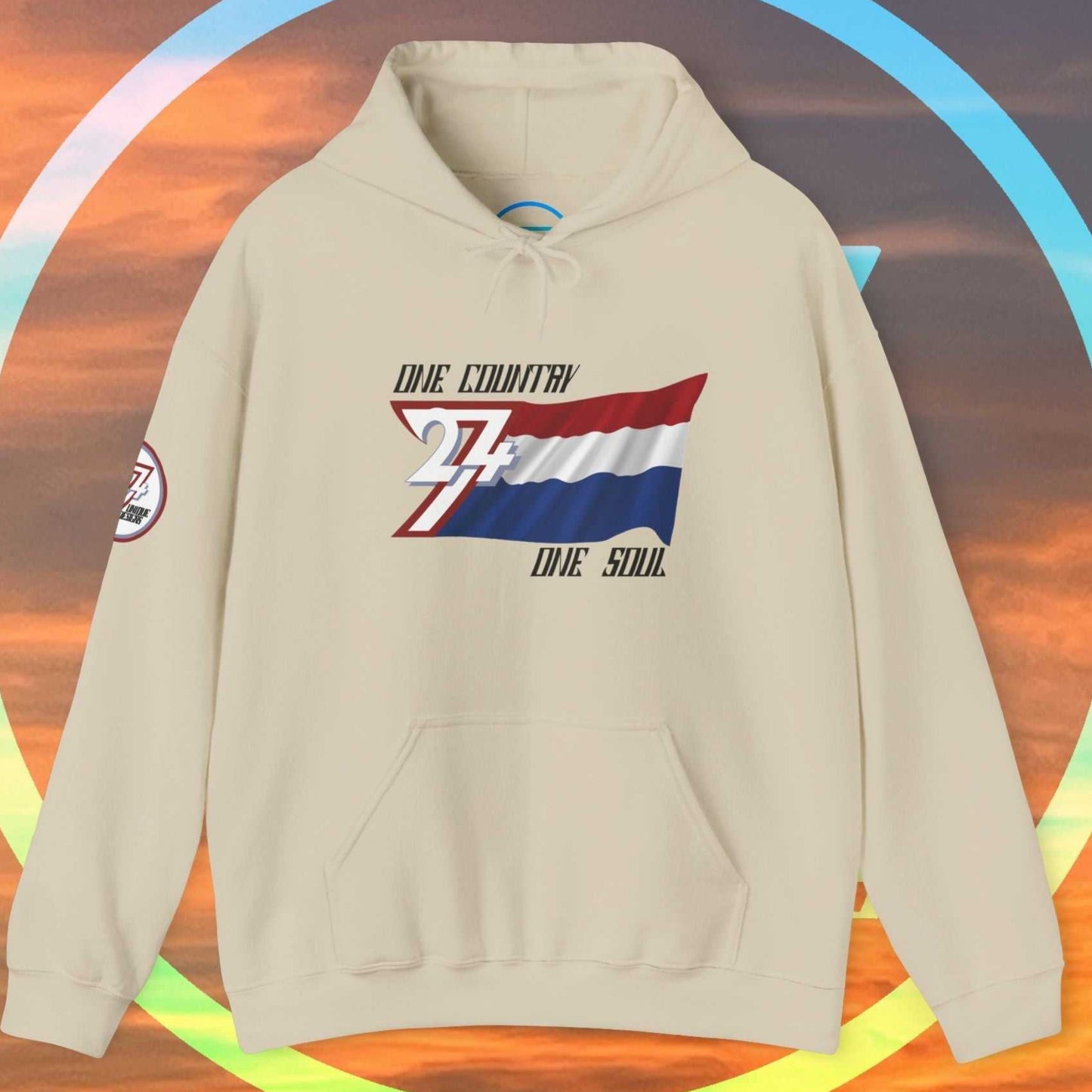 A polished Beige Nederland flag hoodie with our signature hand-drawn art and "One Country One Soul" text.