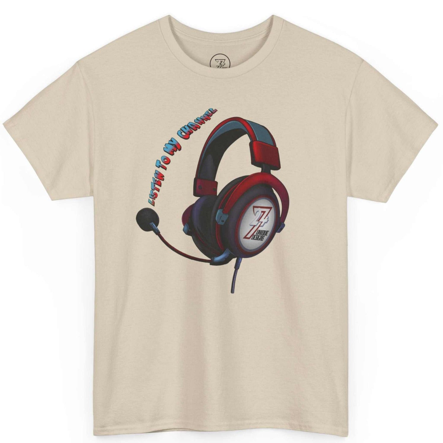 Beige podcast host apparel displaying the hand-drawn headset illustration, laid flat.