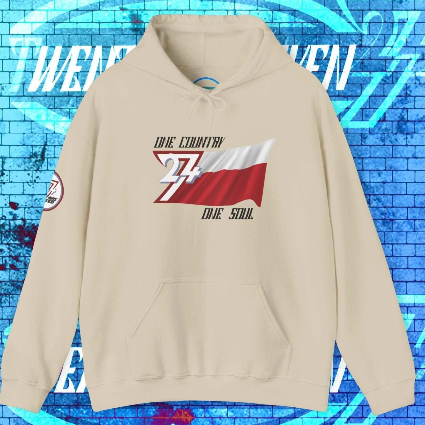 A polished Beige Polska flag hoodie with our signature hand-drawn art and "One Country One Soul" text.