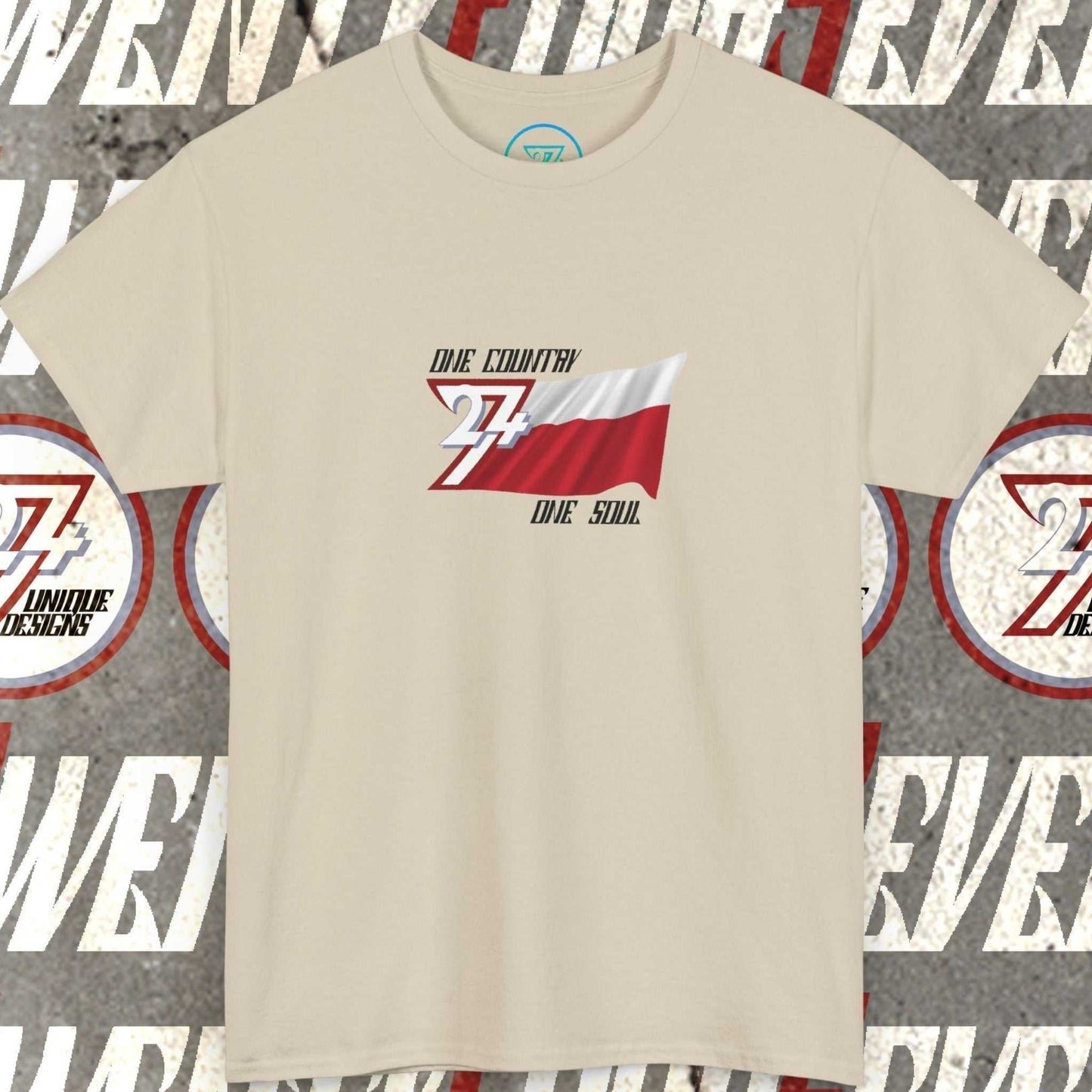 Front view of a beige graphic t-shirt featuring a digitally hand-drawn Poland flag design.