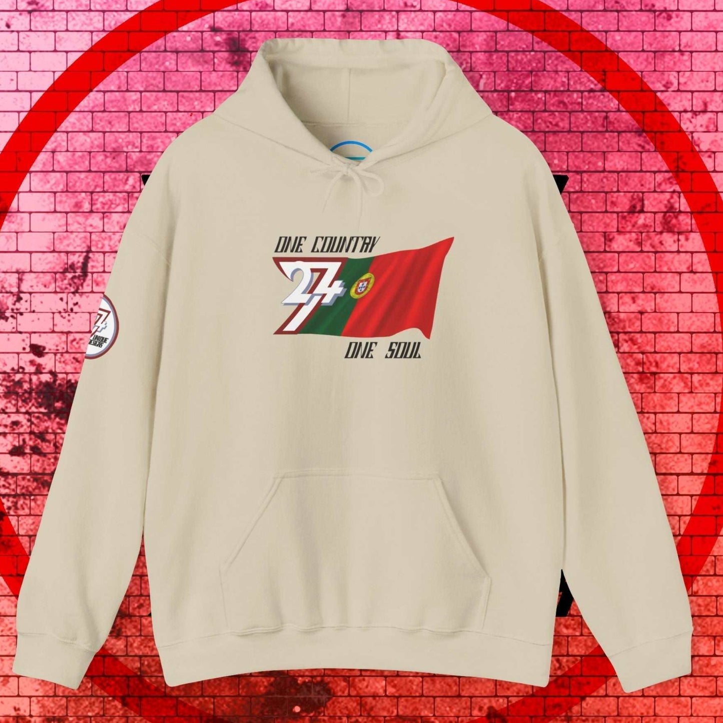 A polished Beige Portugal flag hoodie with our signature hand-drawn art and "One Country One Soul" text.