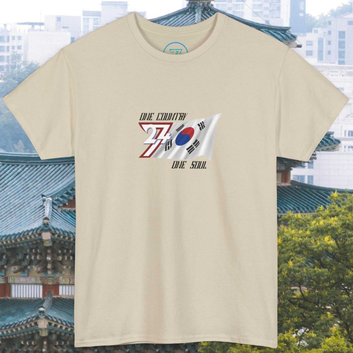 Unisex beige South Korea flag graphic tee with hand-drawn Taegeukgi design and "One Country One Soul" text