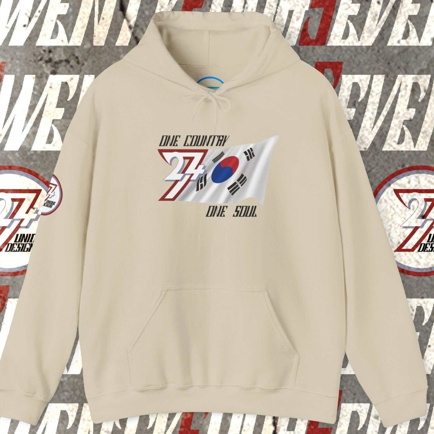 A polished Beige Daehan Minguk flag hoodie with our signature hand-drawn art and "One Country One Soul" text.