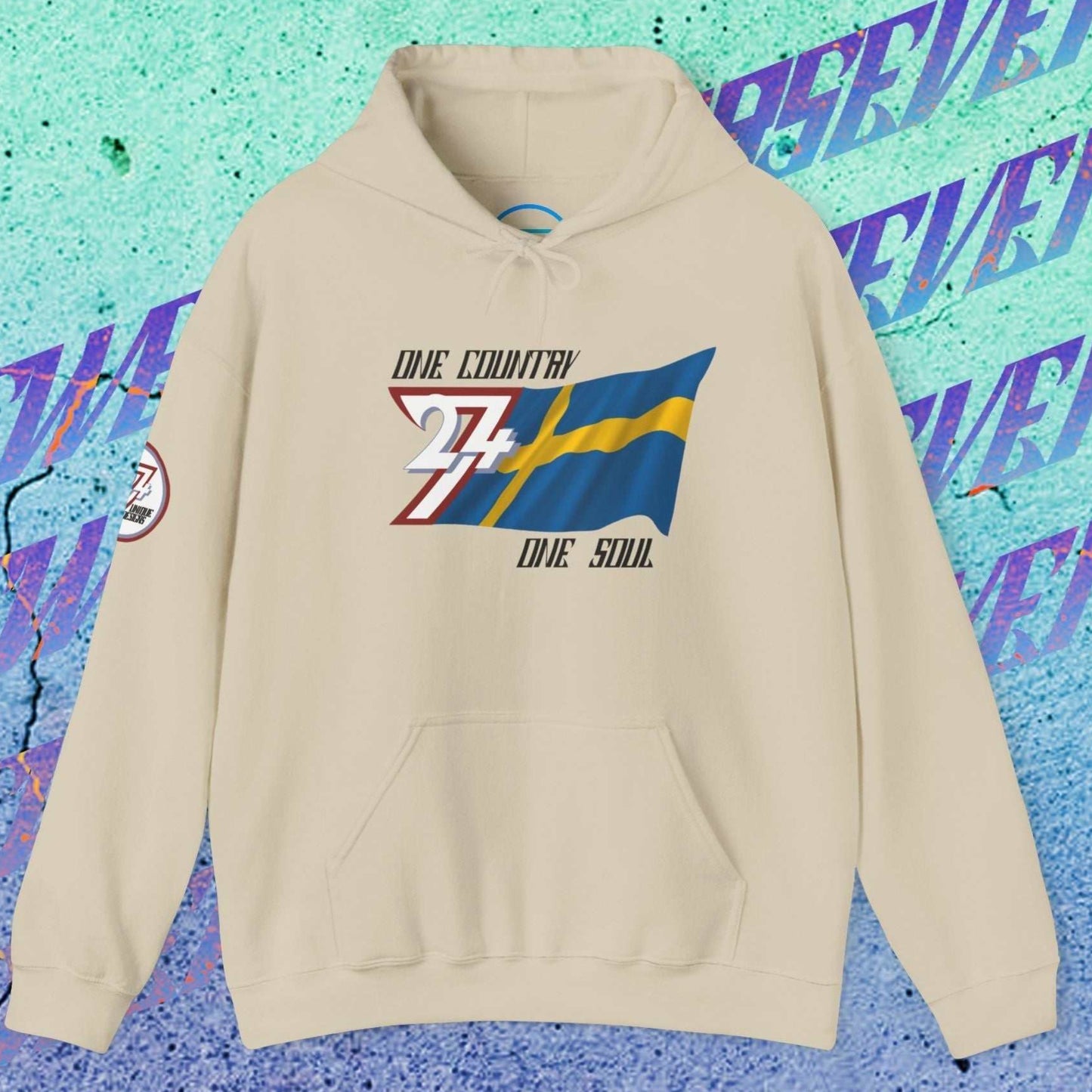 A polished Beige Sverige flag hoodie with our signature hand-drawn art and "One Country One Soul" text.