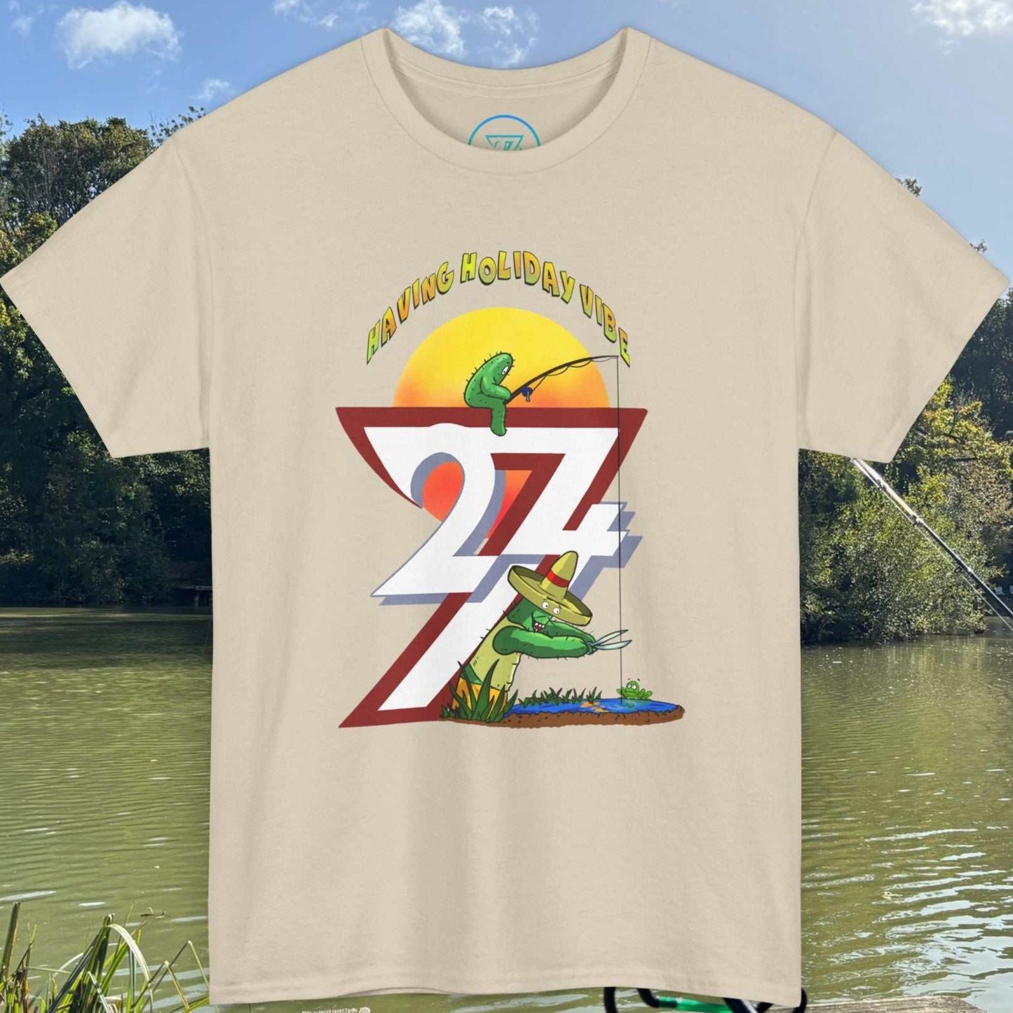 Beige graphic tee showing a father and son cactus duo having a fishing prank at a pond.