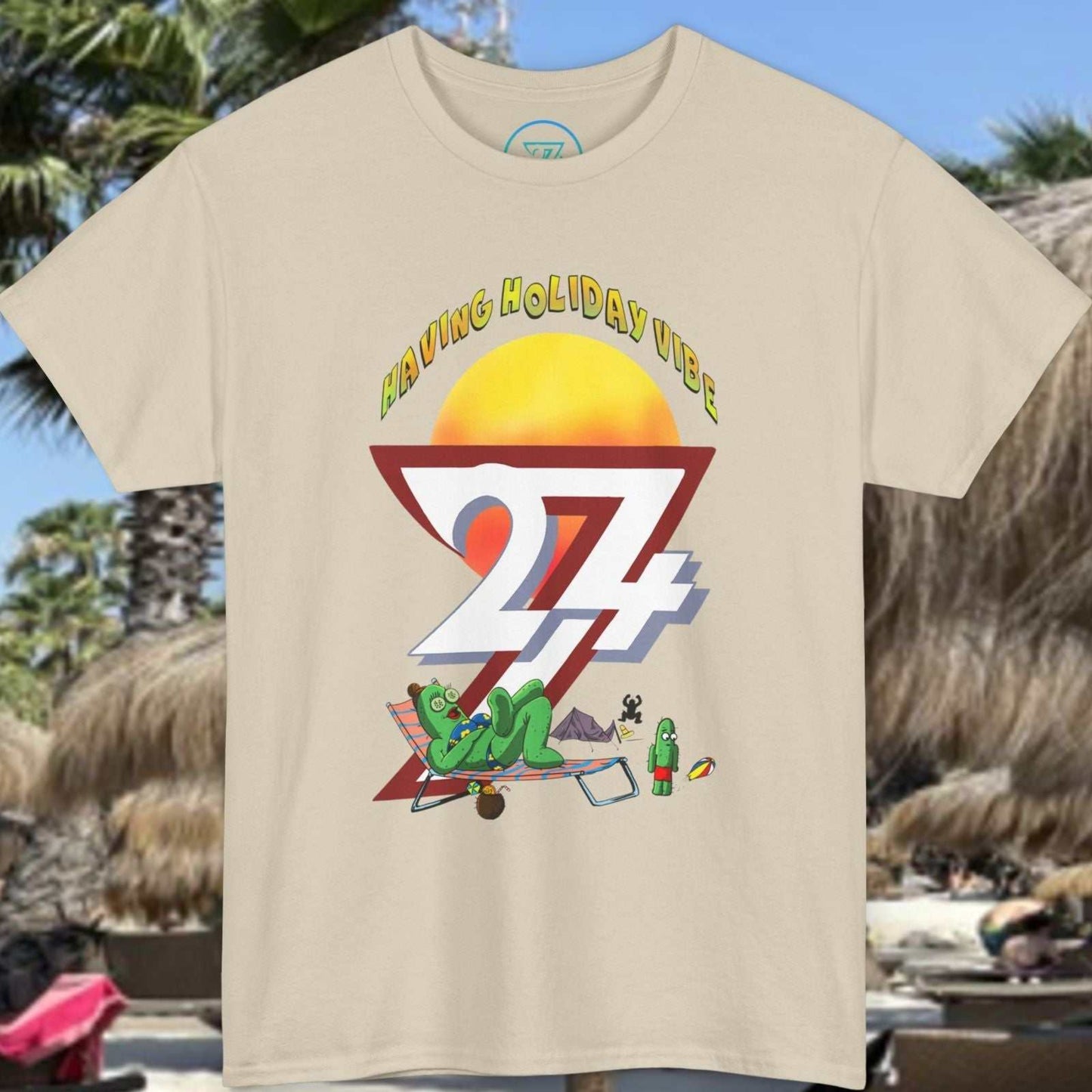 Beige mom vacation tee showing a relaxing cactus with cucumber slices on her eyes ignoring her son.