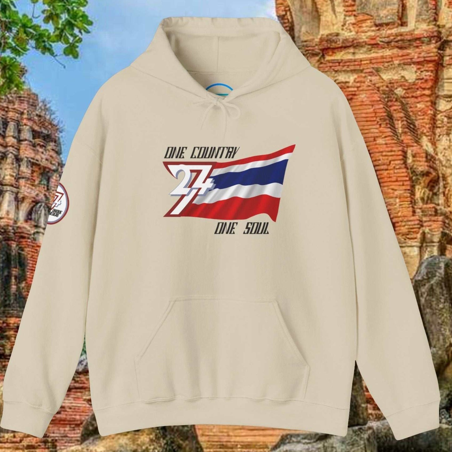A polished Beige Thailand flag hoodie with our signature hand-drawn art and "One Country One Soul" text.