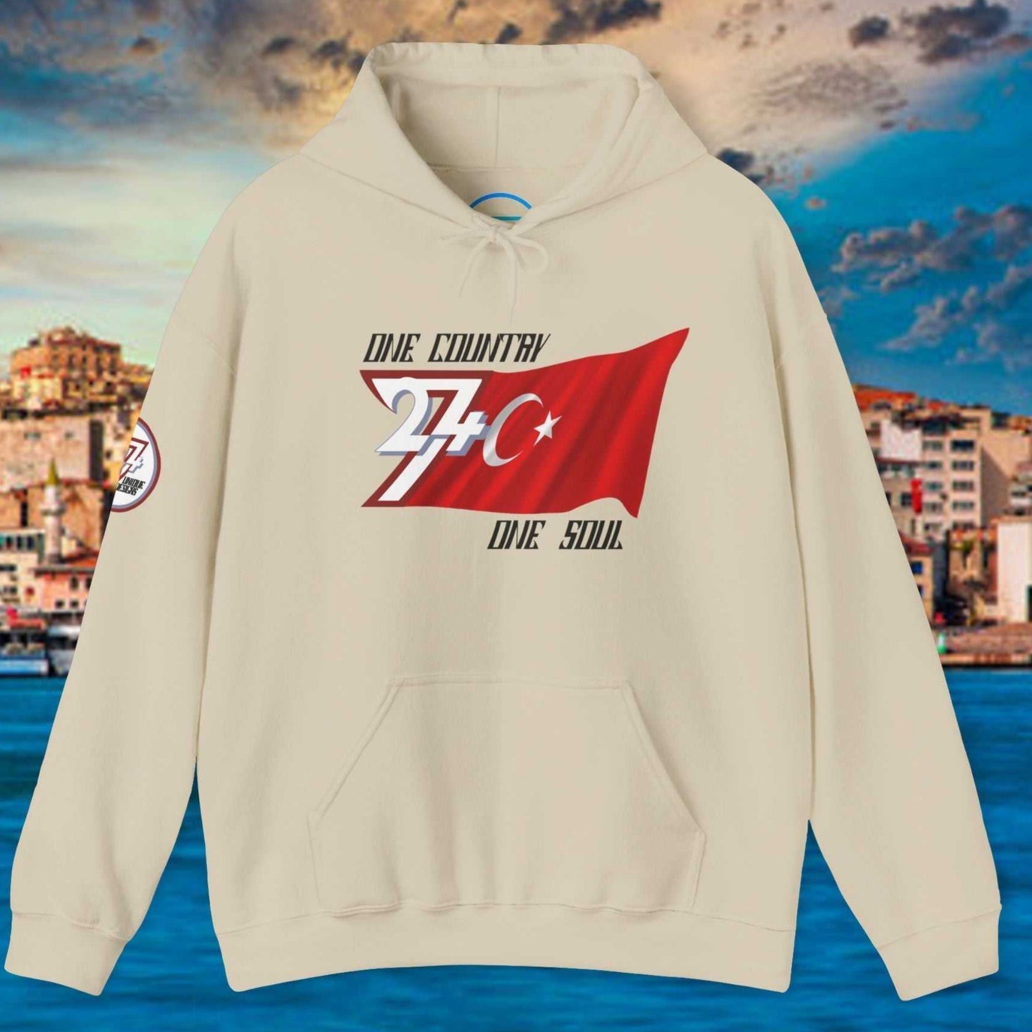A polished Beige Türkiye flag hoodie with our signature hand-drawn art and "One Country One Soul" text.