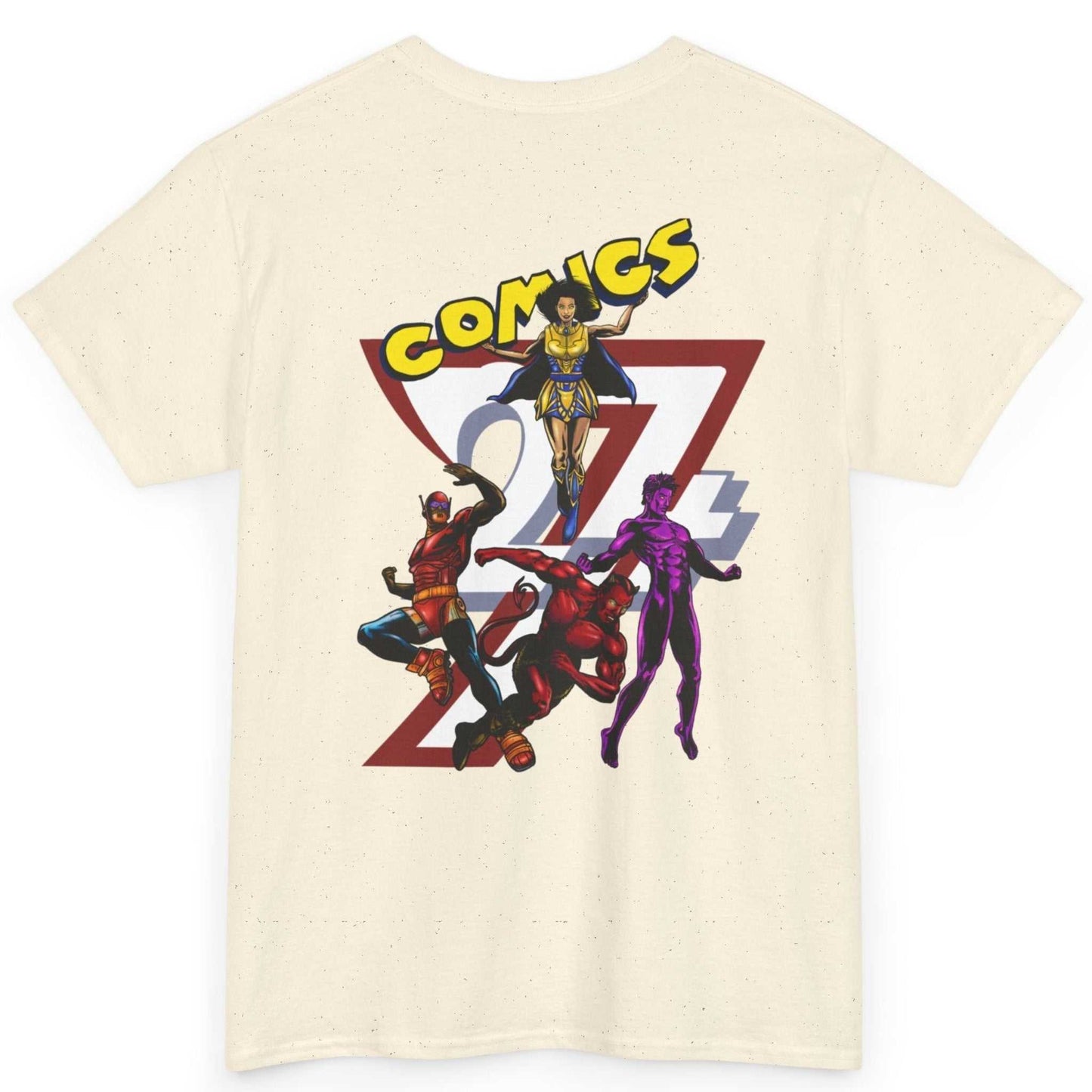 Back view of a beige two sided graphic tee featuring the large indie comic book illustration.