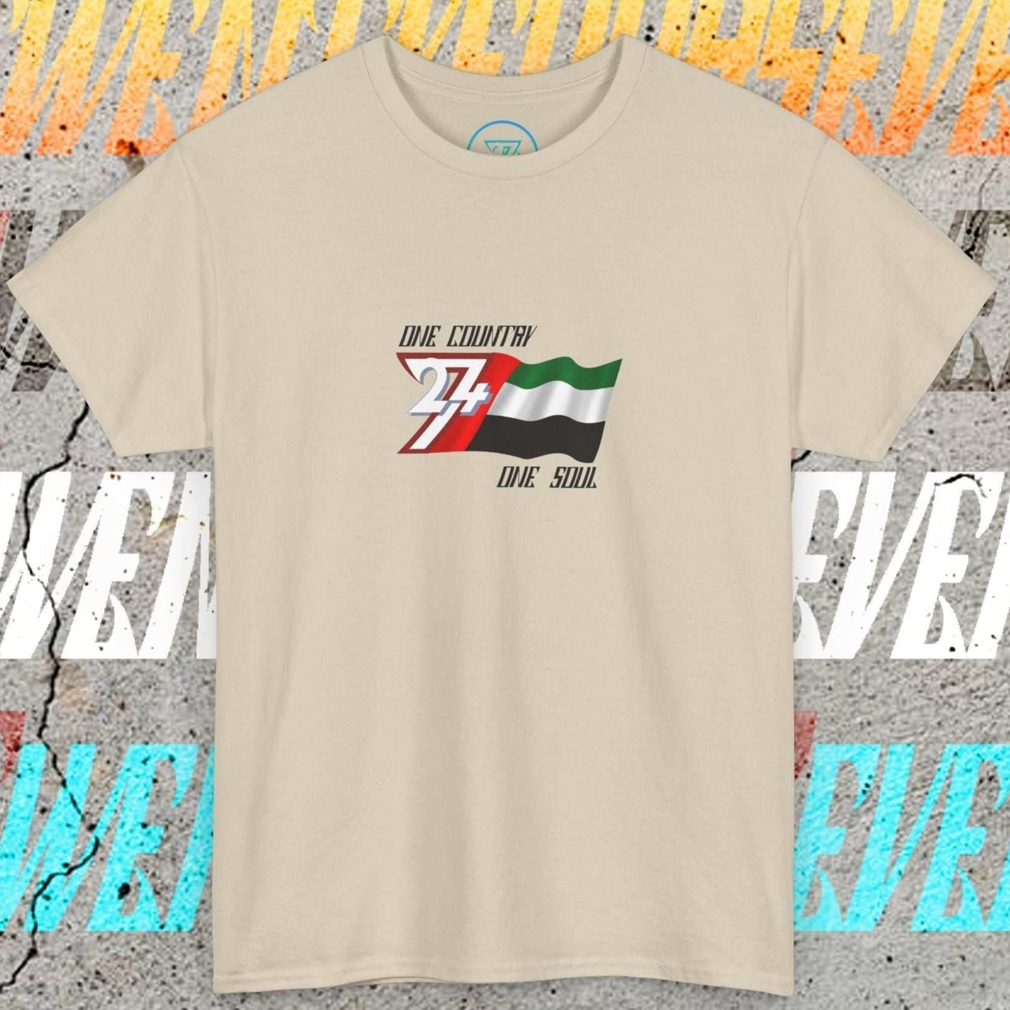 Full product shot of the Beige UAE flag t-shirt showcasing the hand-drawn "Vision" edition artwork.