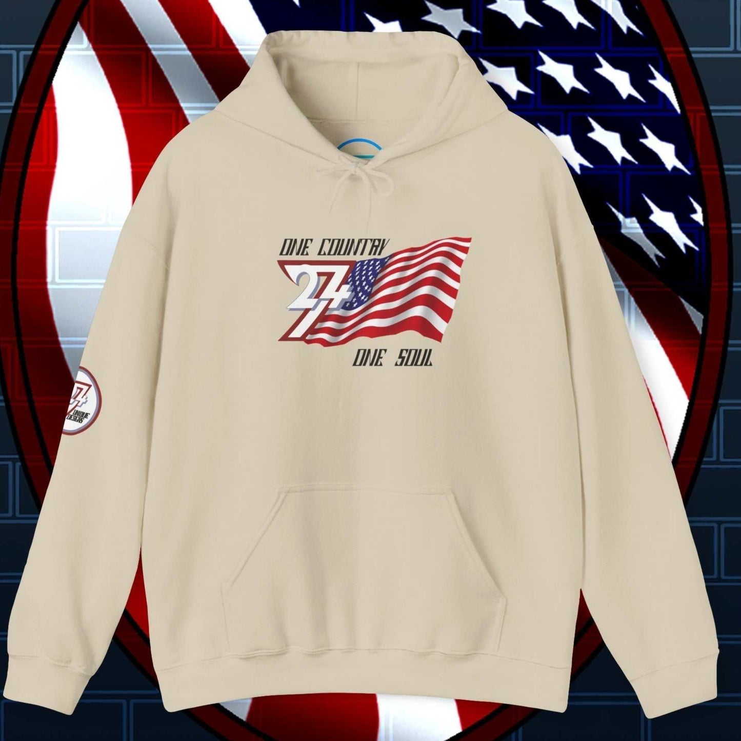 A polished Beige USA flag hoodie with our signature hand-drawn art and "One Country One Soul" text.