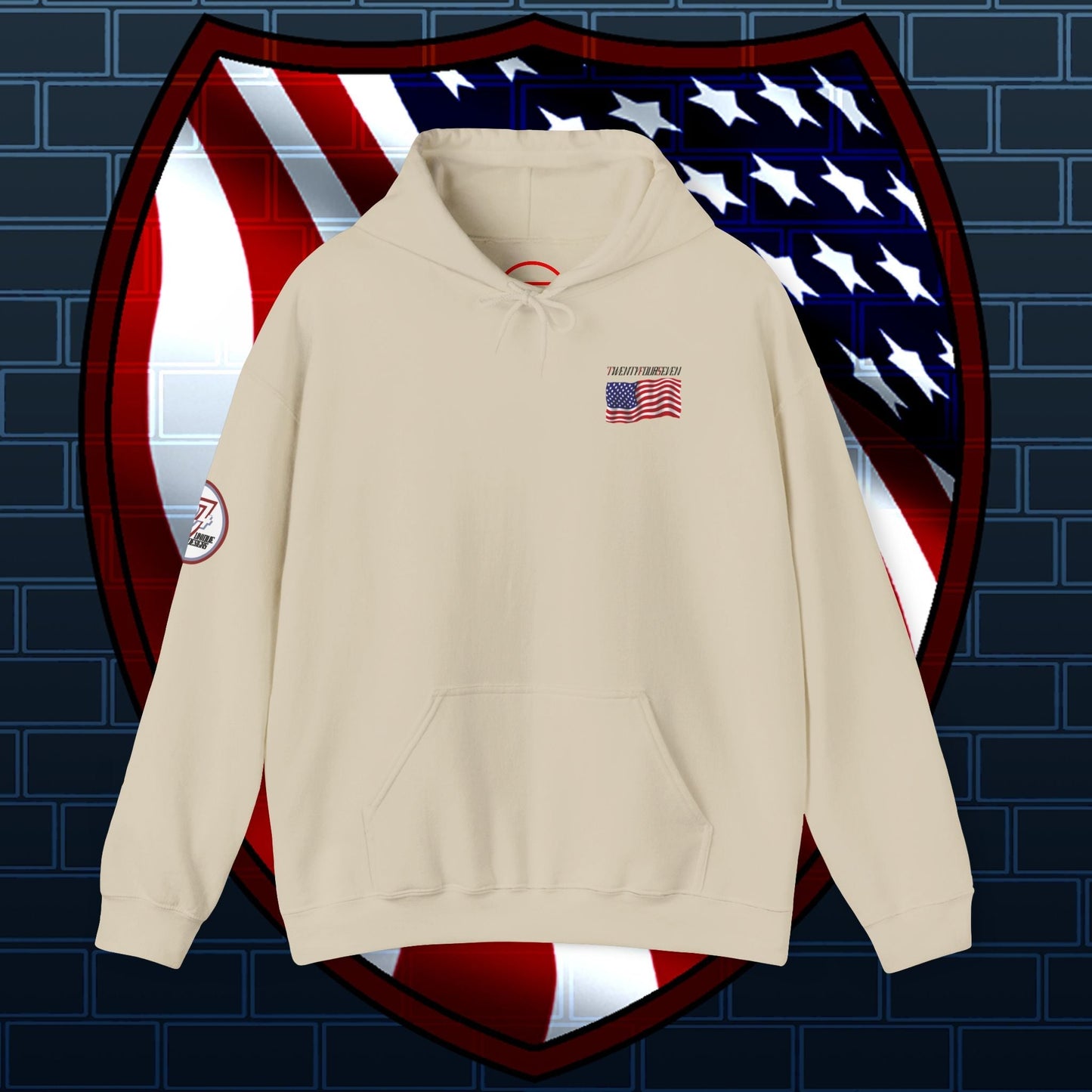 beige american flag hoodie with small US flag logo on chest and patch on sleeve, patriotic sweatshirt with adjustable hood and kangaroo pocket