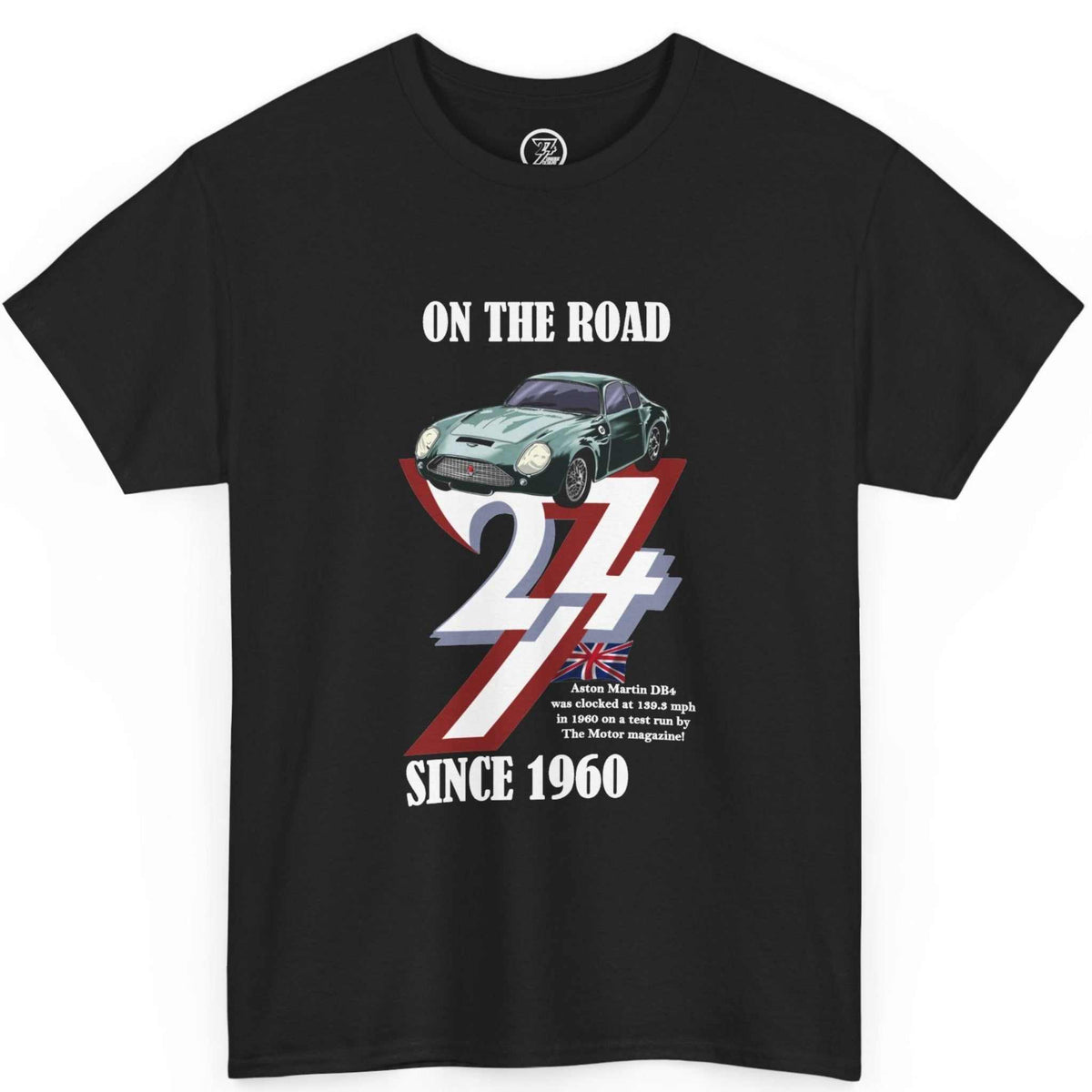 Front view of a black 1960 birthday gift for men tee featuring the colorful Aston Martin DB4 graphic and crisp white text, displayed on a clean background.