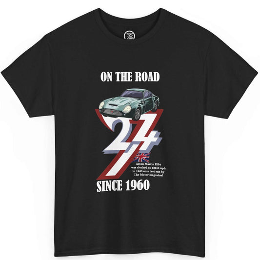 Front view of a black 1960 birthday gift for men tee featuring the colorful Aston Martin DB4 graphic and crisp white text, displayed on a clean background.