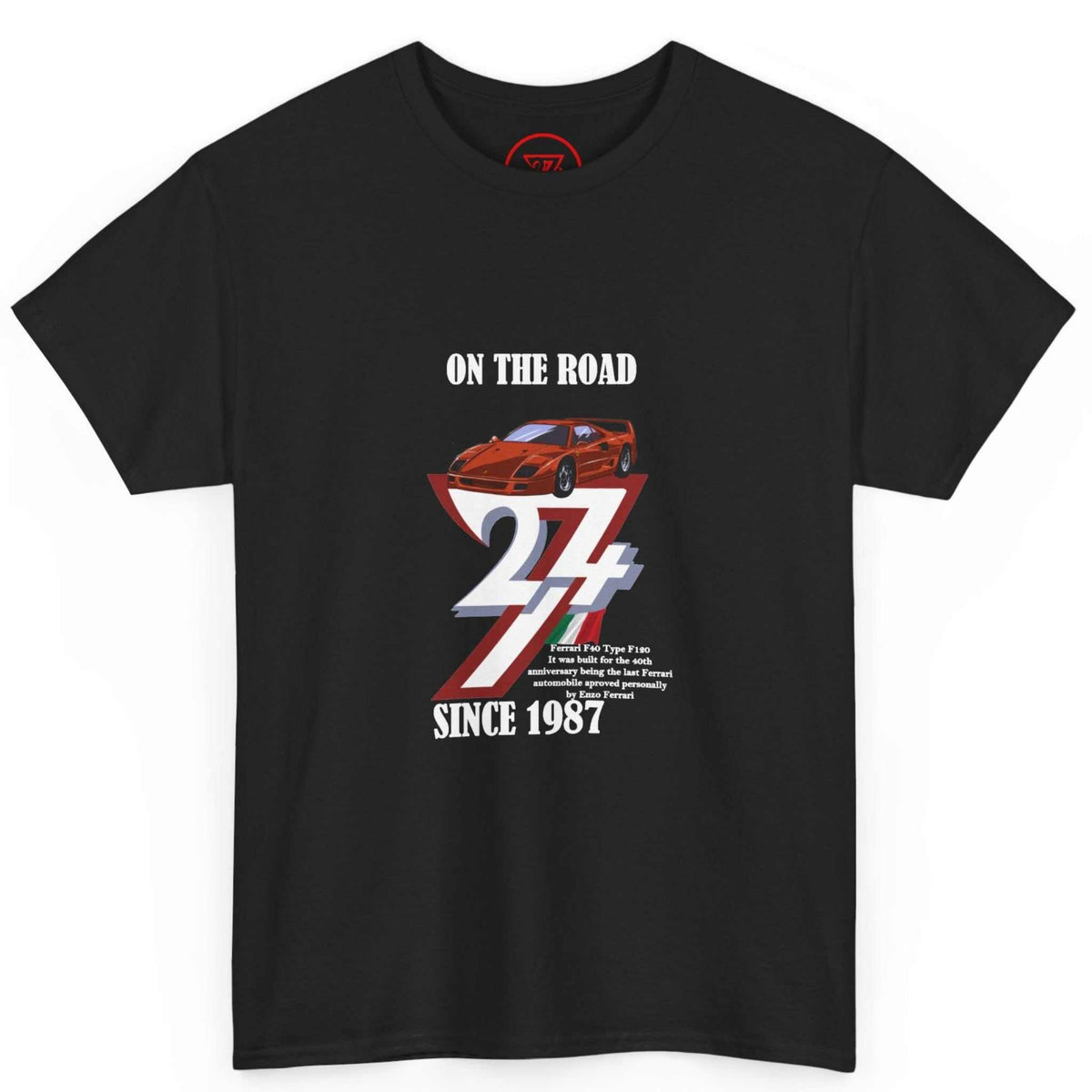 Front view of a black 1987 birthday gift for men tee featuring the colorful Ferrari F40 graphic and crisp white text, displayed on a clean background.