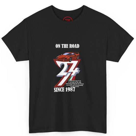 Front view of a black 1987 birthday gift for men tee featuring the colorful Ferrari F40 graphic and crisp white text, displayed on a clean background.
