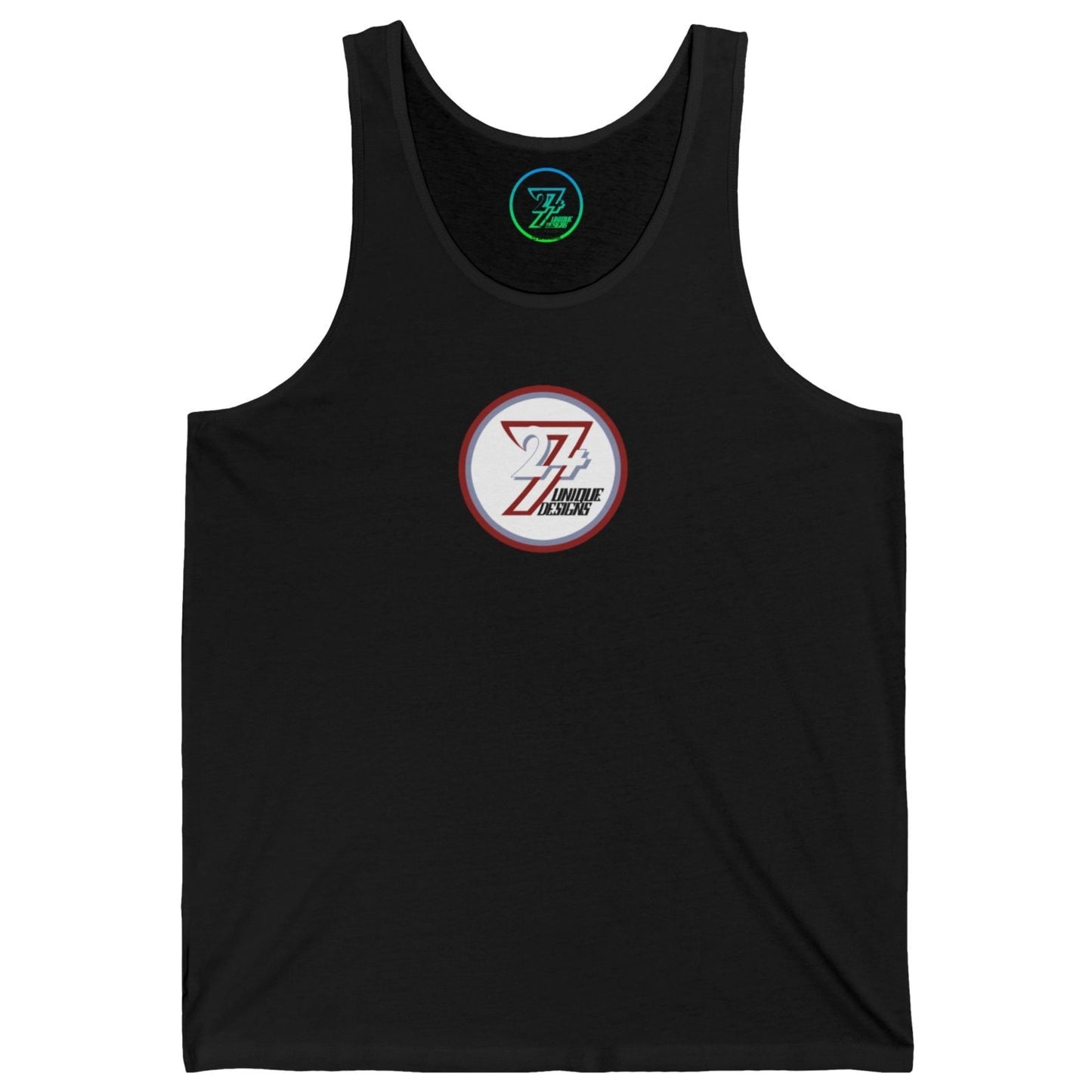 Solid black women's jersey tank top featuring the 24/7 trademark circular logo badge.
