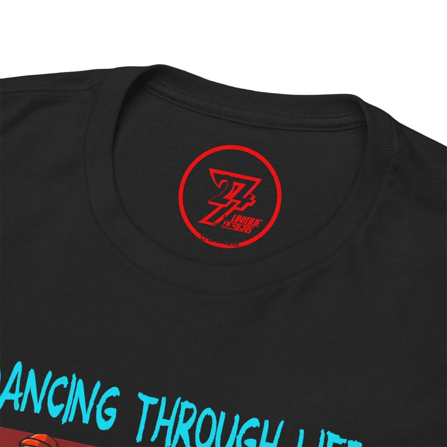 Close-up of the seamless crew neckline on the black dance shirt, clearly showing the official 24/7 Unique Designs trademark logo inner label branding.