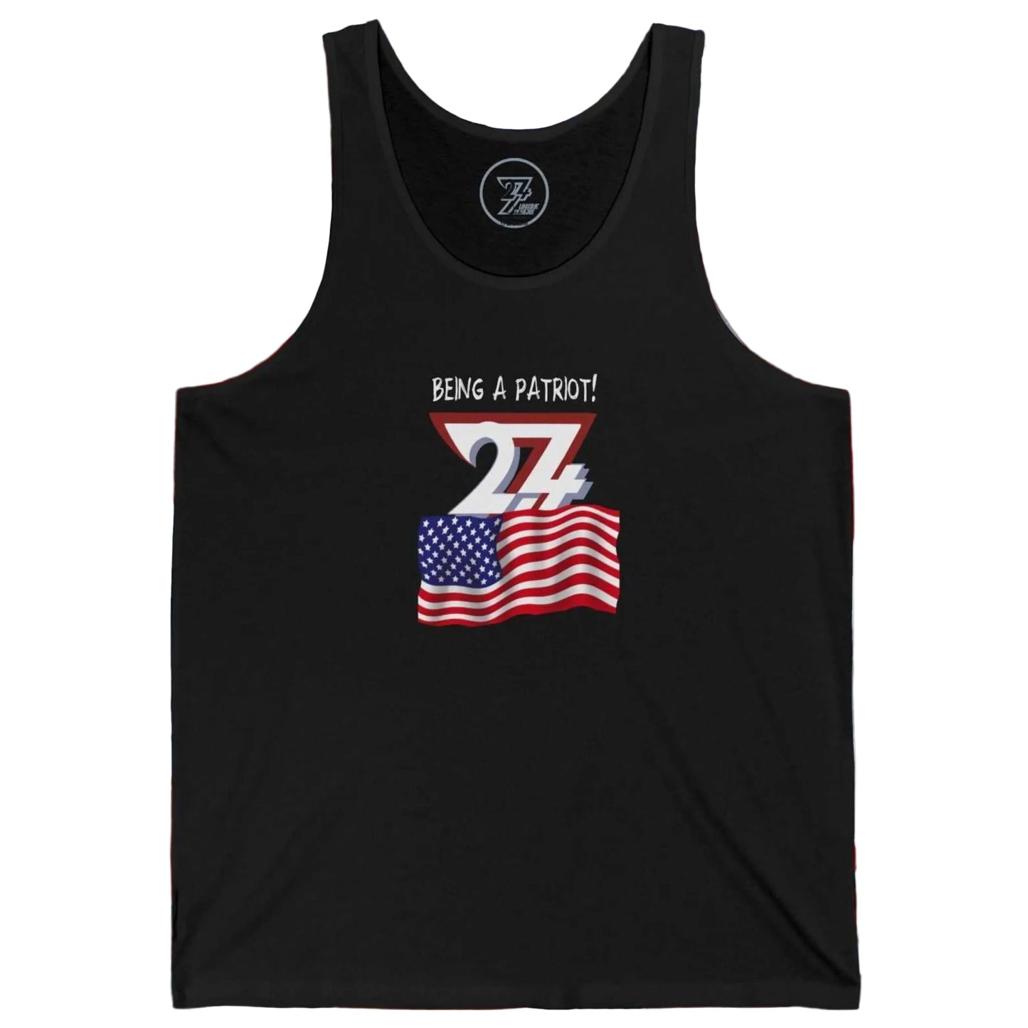 Solid black women's Americana graphic tee showcasing a detailed waving US flag.