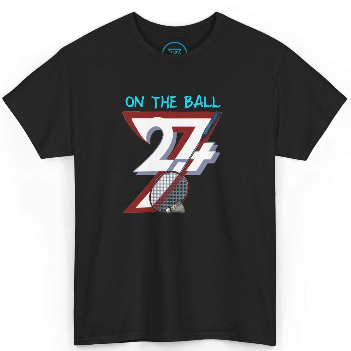 Front view of a sleek black badminton graphic tee featuring the 24/7 sports illustration, laid flat on a clean background.