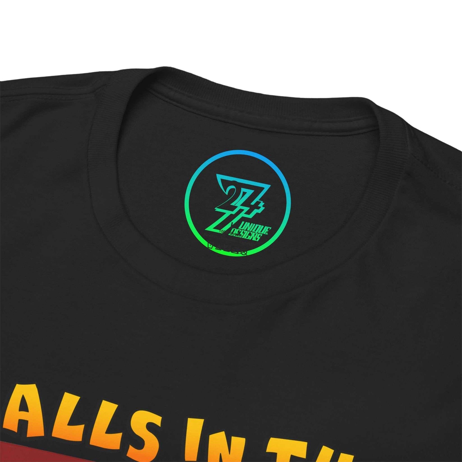Detail shot of the collar area on the black Balls in the Hood shirt showing the custom inside tag.
