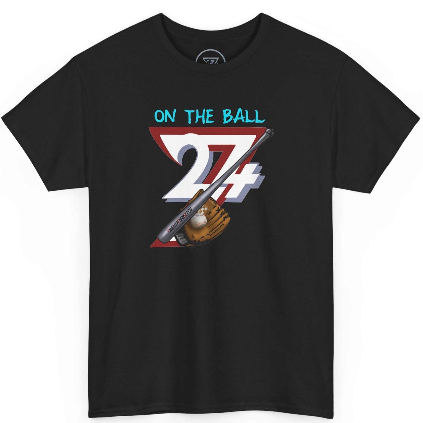 Front view of a sleek black baseball fan gift tee showcasing the detailed DTG artwork, displayed on a clean background.