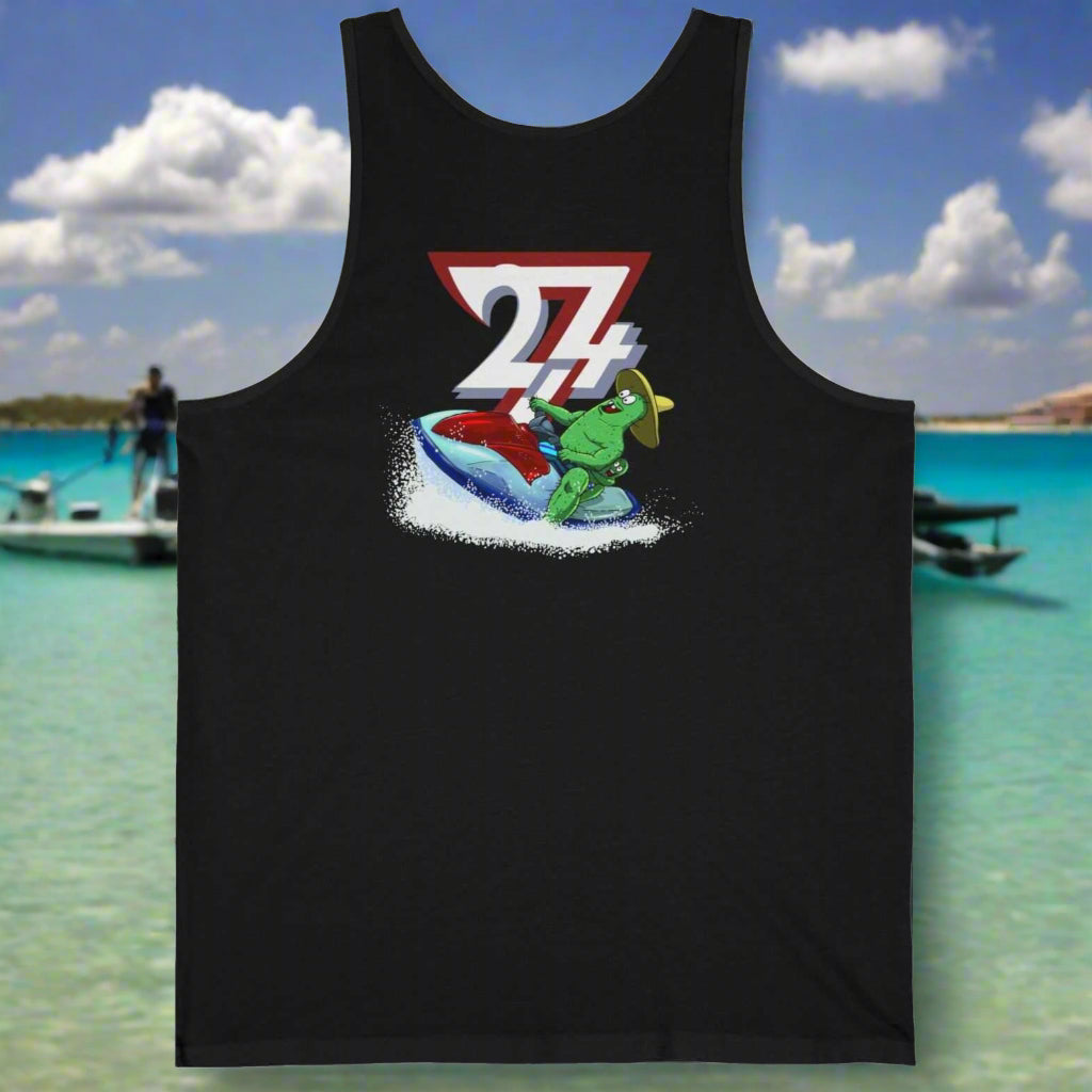 Back View of Black Beach Tank Top featuring hand-drawn Jetski Father and Son graphic.