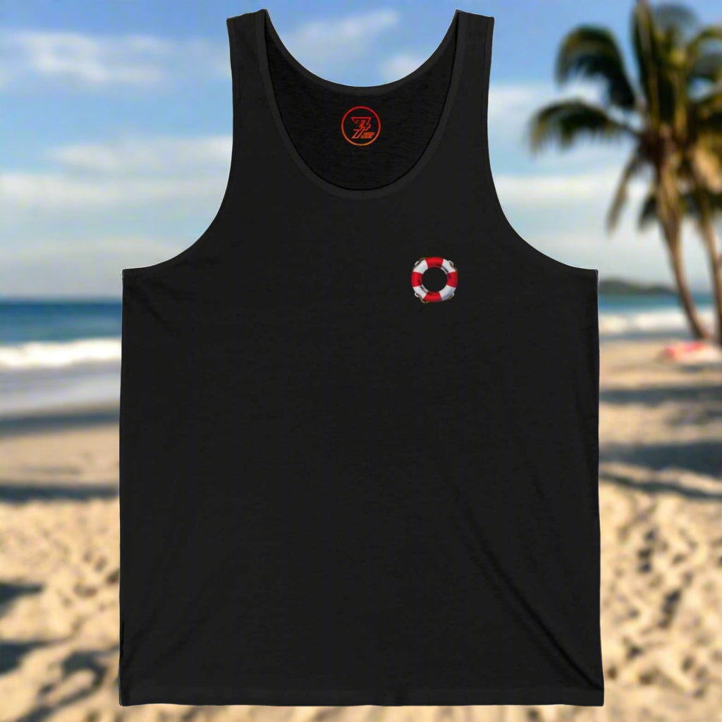 Front View of Black Beach Tank Top with Twentyfour Seven Lifebelt logo on left chest.