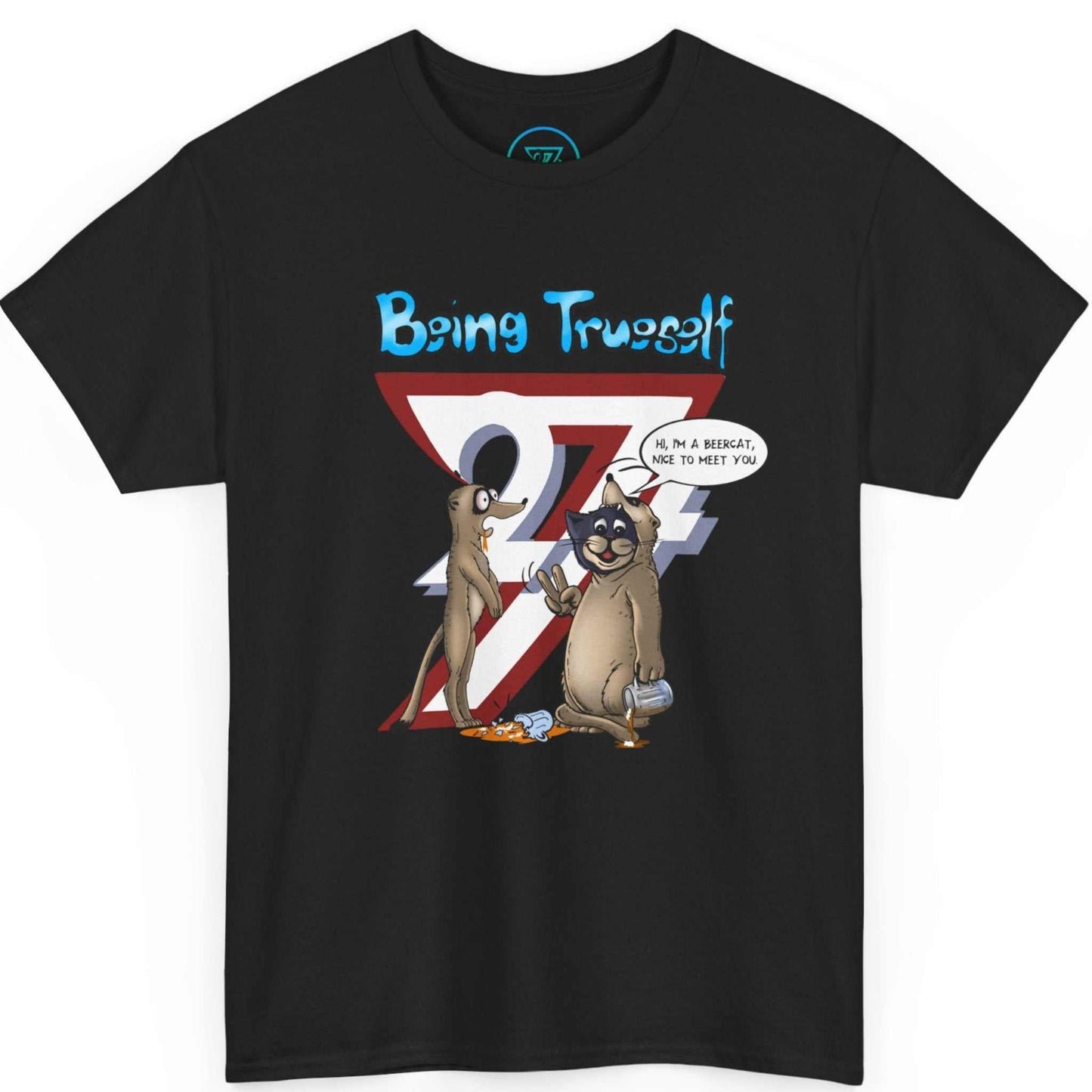 Black beer drinker gag gift shirt showcasing the vibrant 'Being Trueself' typography, laid flat.