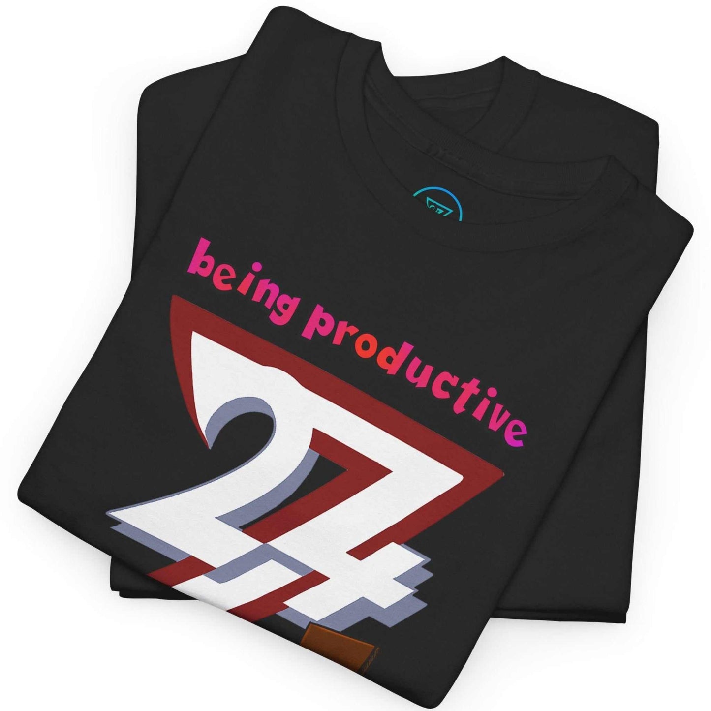 Neatly folded black being productive not shirt showing the premium cotton fabric and part of the vibrant cartoon graphic, laid flat.