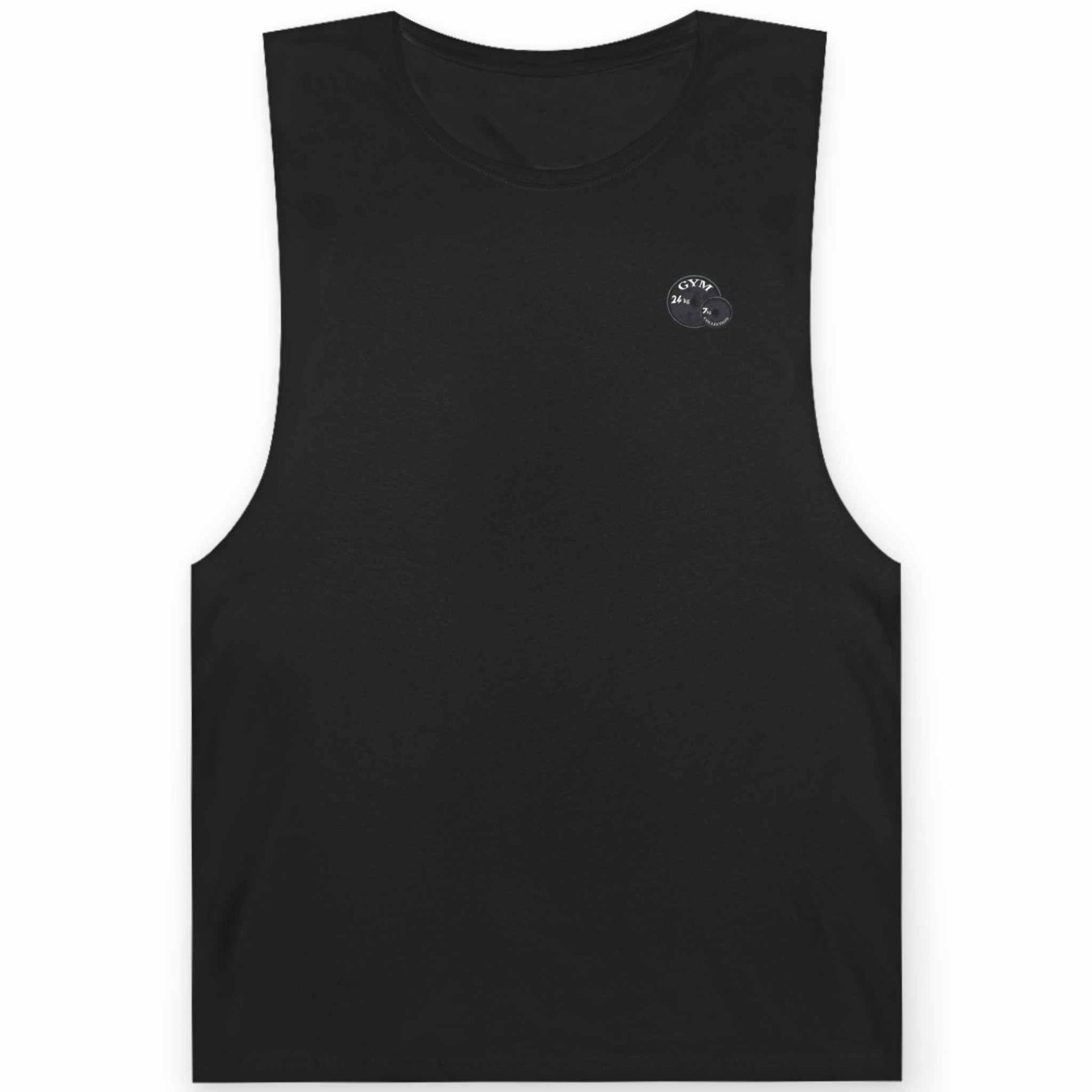 Front view of a black bodybuilding muscle tank showcasing the clean front chest branding, laid flat.