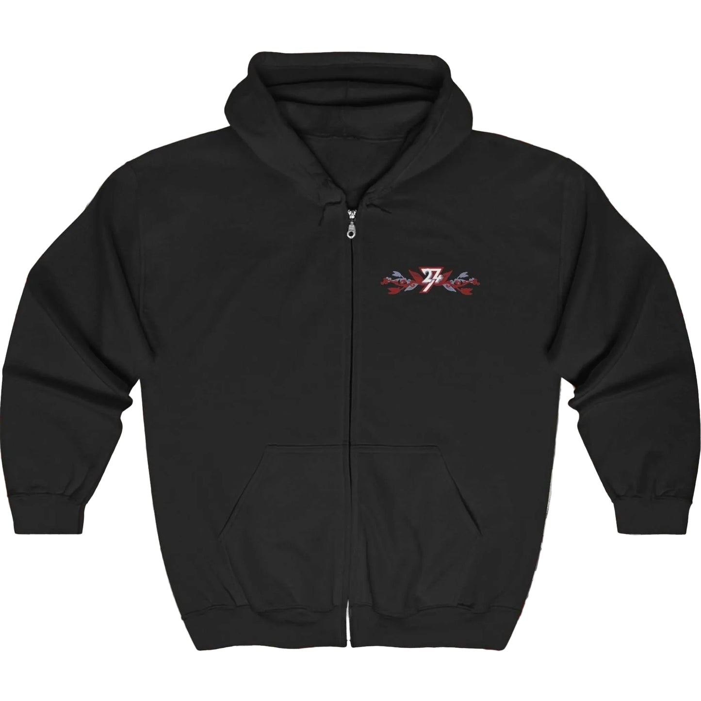 Front view of a black women's zip-up hoodie featuring a small botanical floral logo graphic on the left chest and a metal zipper.