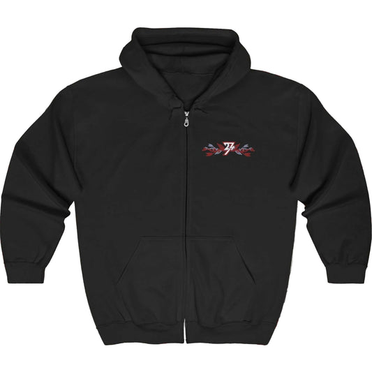 Front view of a black women's zip-up hoodie featuring a small botanical floral logo graphic on the left chest and a metal zipper.