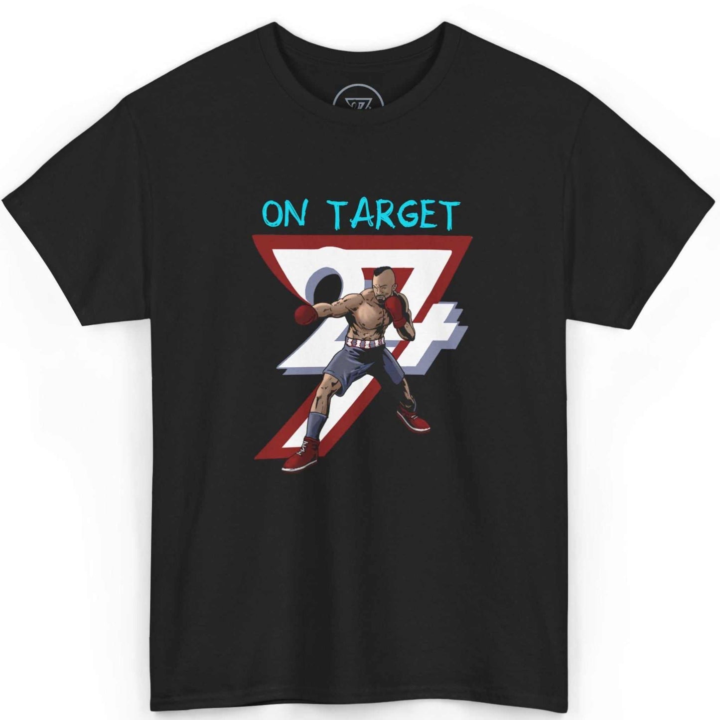 Front view of a sleek black boxing graphic tee featuring the vibrant 90s comic style On Target fighter graphic, displayed on a clean background.