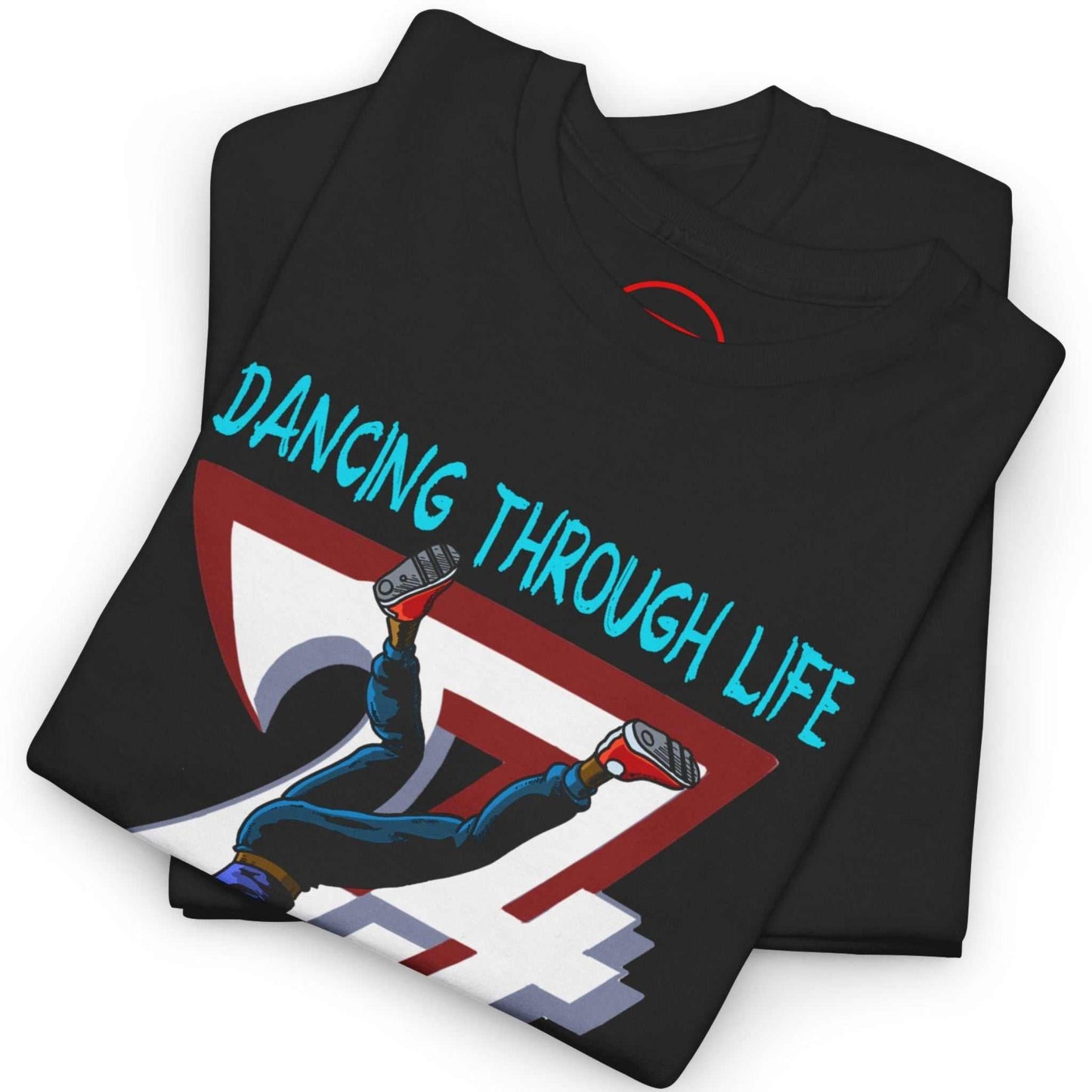 Neatly folded black breakdance clothing shirt highlighting the crisp comic-style front print and premium fabric, laid flat.