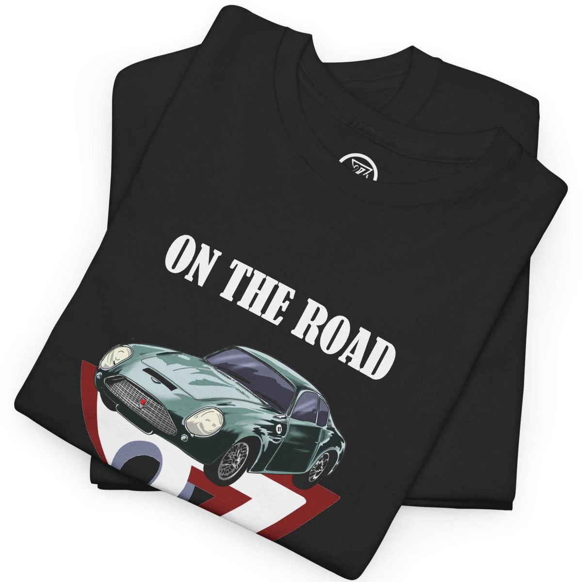 Neatly folded black British auto enthusiast apparel highlighting the vibrant full-color digital front print and durable fabric, laid flat.