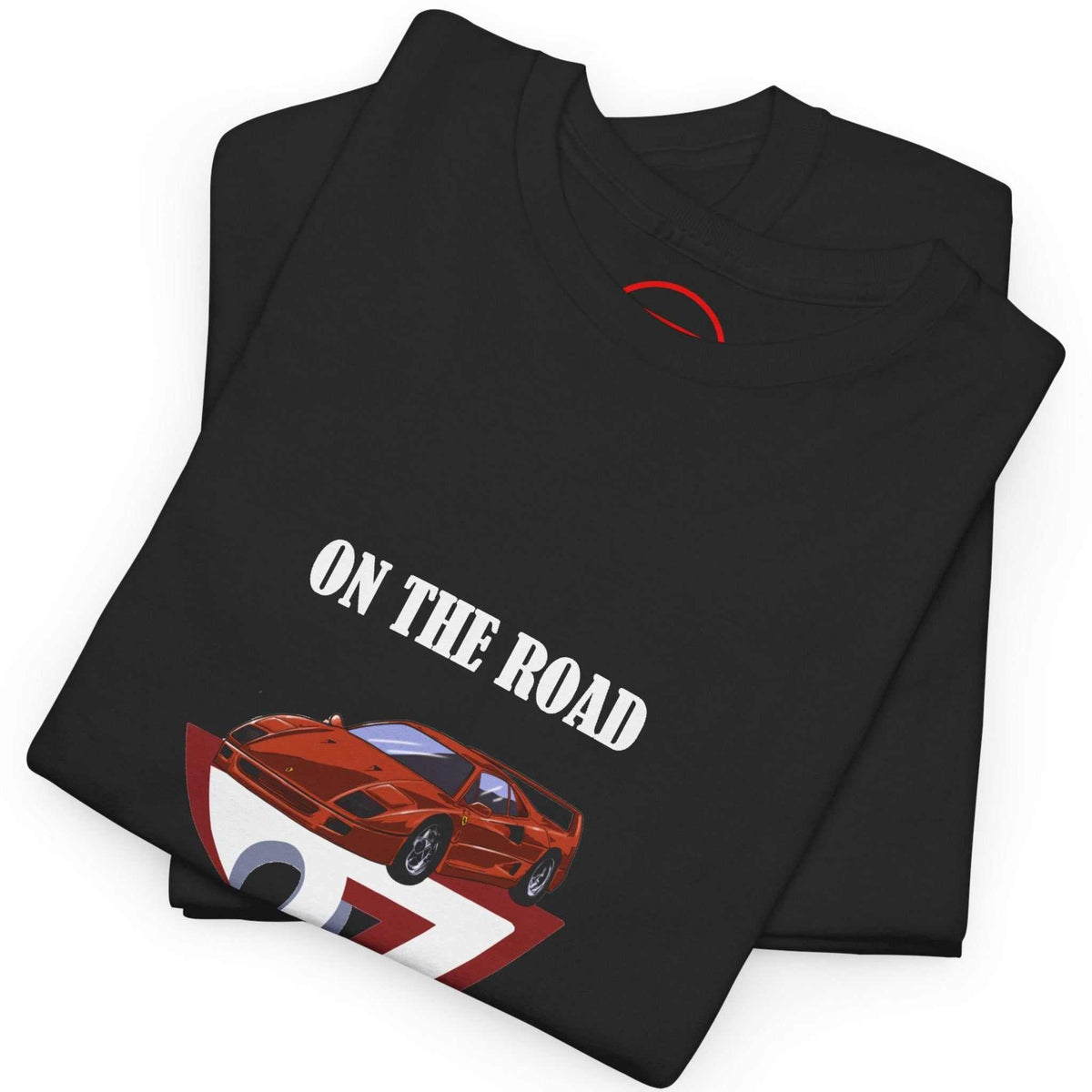 Neatly folded black car enthusiast apparel highlighting the vibrant full-color digital front print and durable fabric, laid flat.