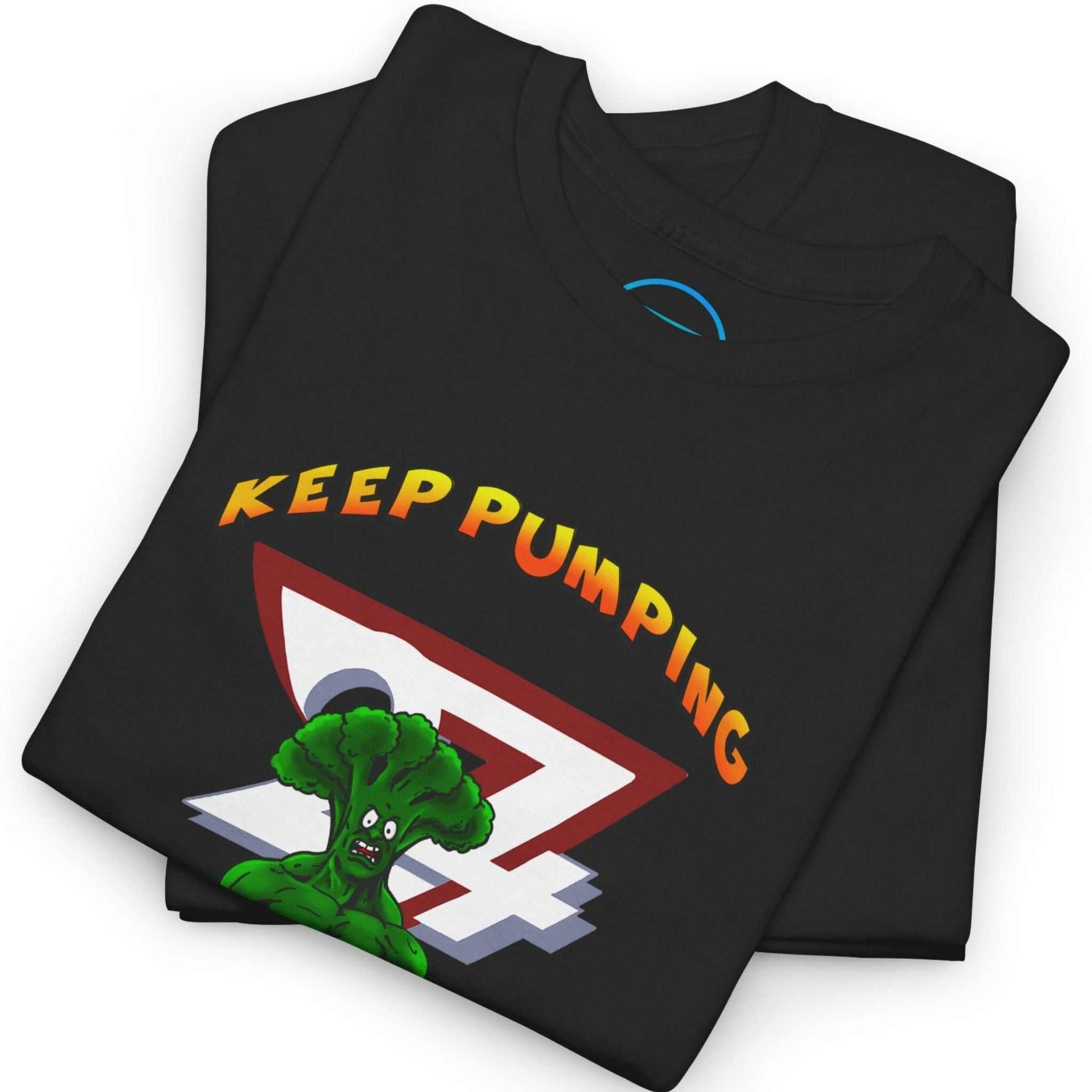Neatly folded black cartoon gym tee showing the crisp front illustration and premium cotton fabric, laid flat.