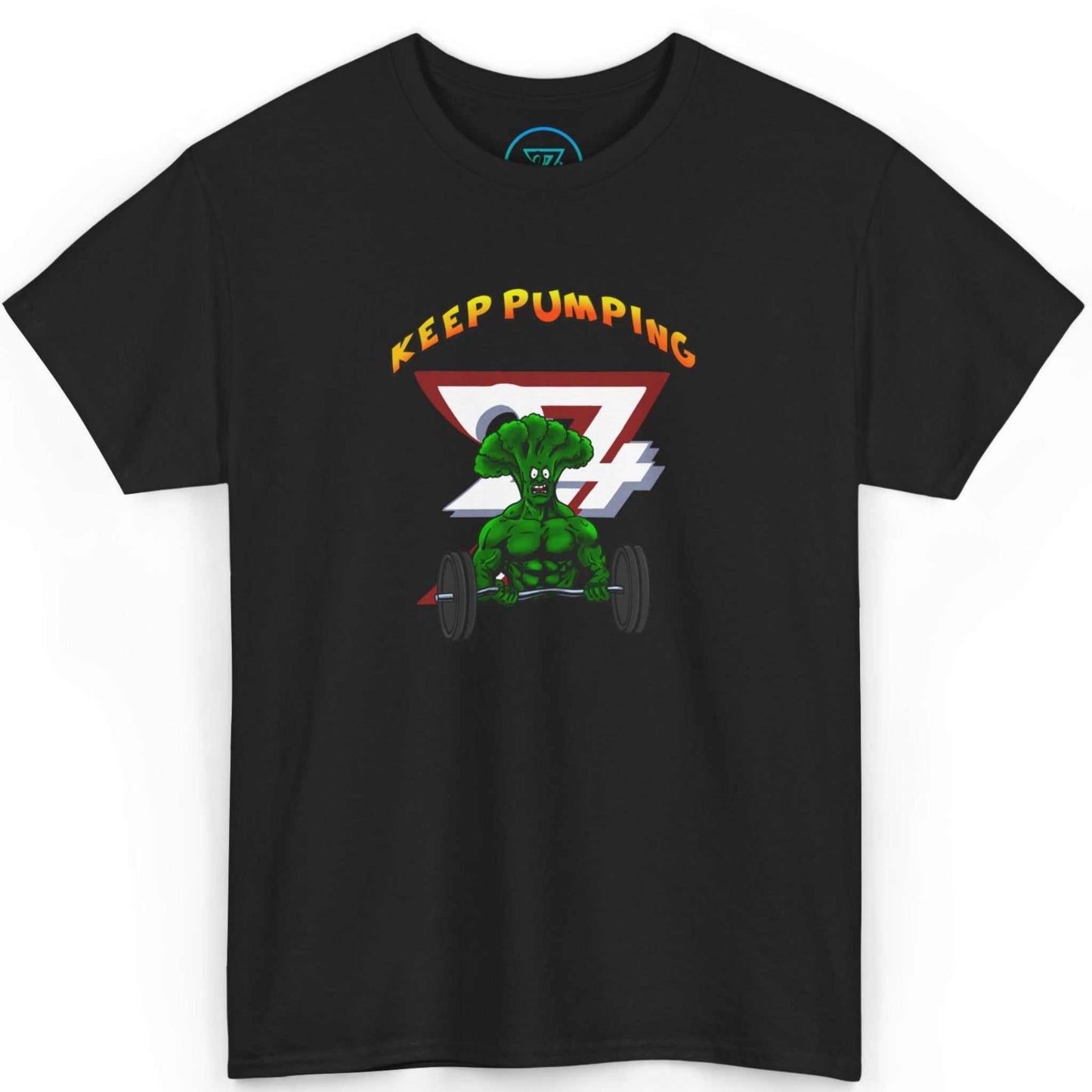 Front view of a sleek black cartoon gym tee showcasing the colorful Bro Colin fitness graphic, laid flat.