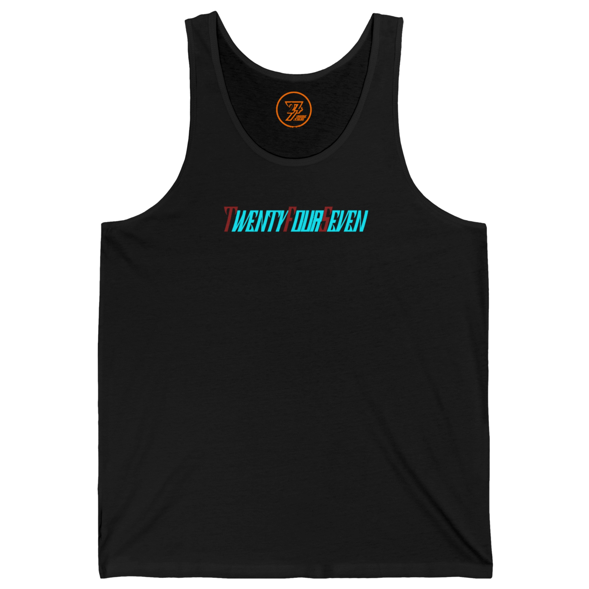 Solid black chic graphic shirt for women showcasing a bright color pop logo.