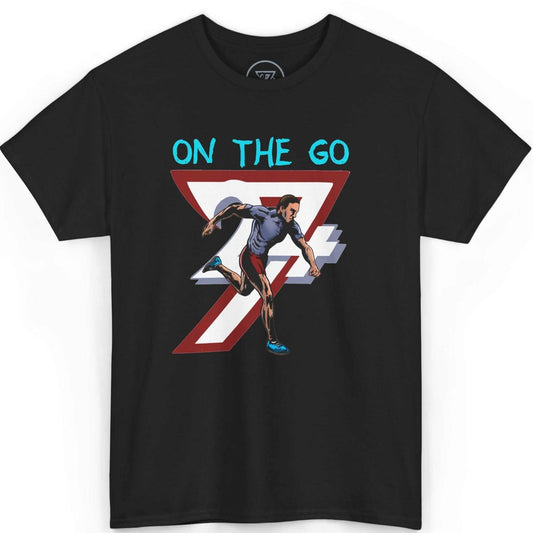 Front view of a black comic style running shirt featuring the hand-drawn runner art, displayed on a clean background.