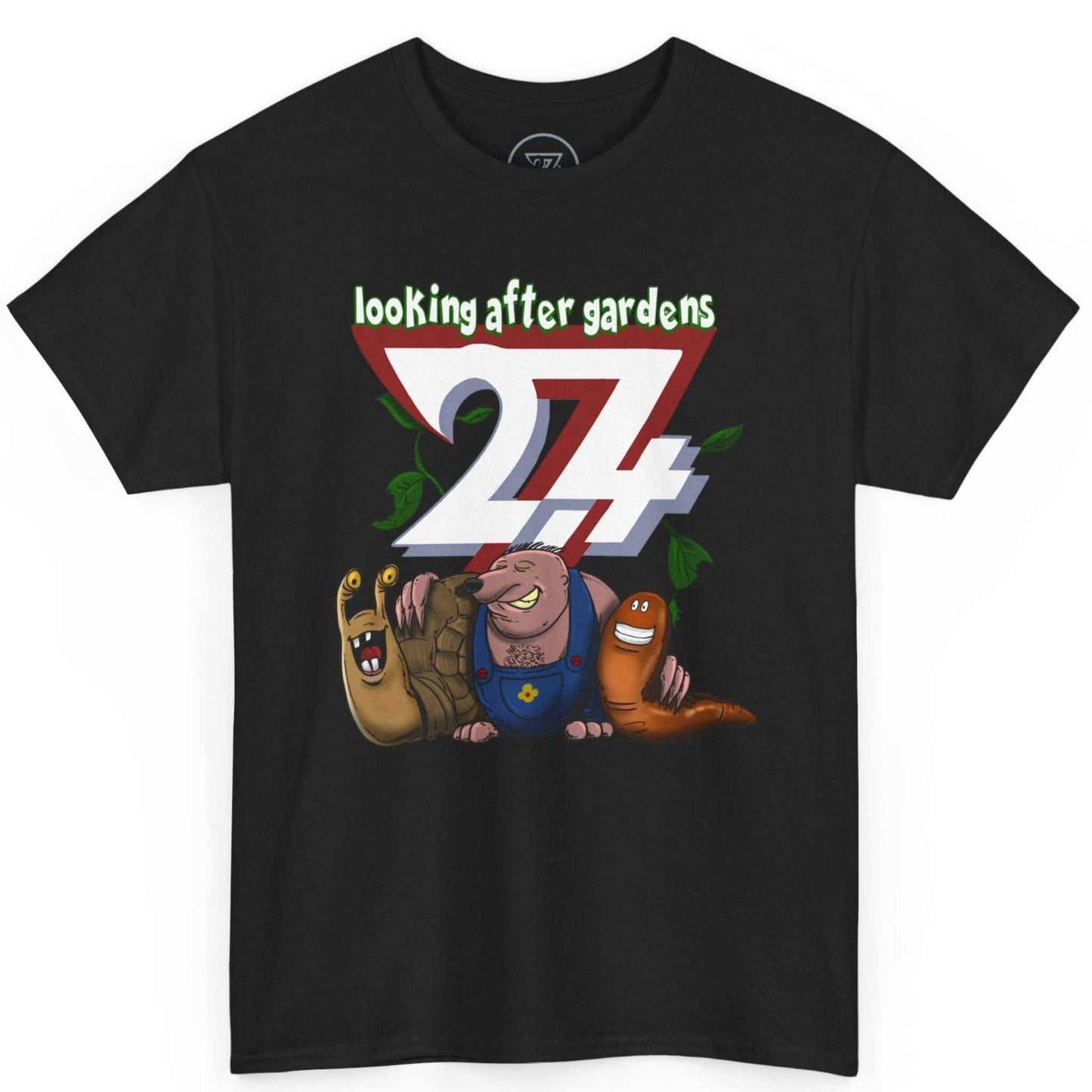 Black cute gardener gift tee showcasing the vibrant animal trio graphic, laid flat.