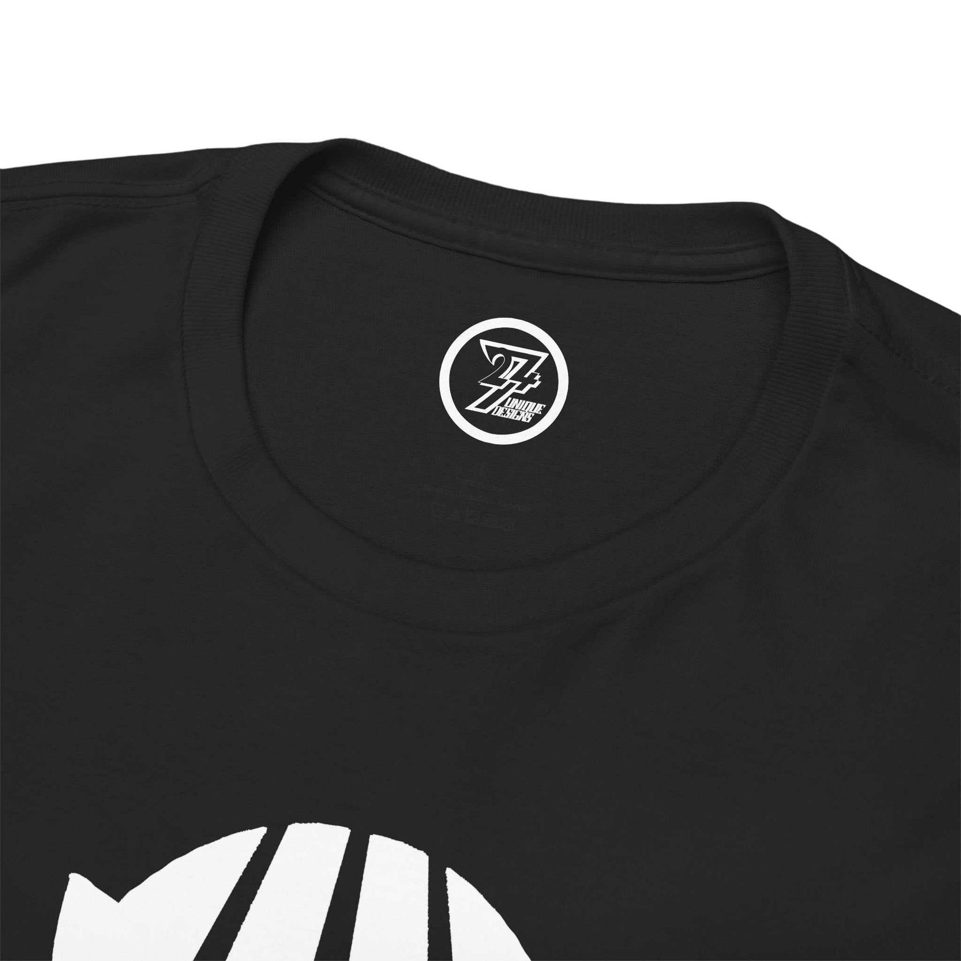 Close-up of the shape-retaining ribbed crew neckline on the black dark fantasy demon face shirt, highlighting the seamless interior construction and 24/7 logo internal label.
