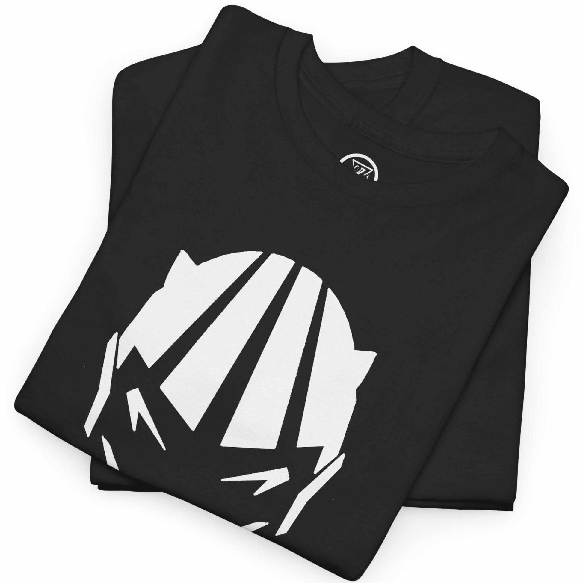 Neatly folded black dark fantasy demon face shirt showing the durable cotton fabric and the sharp vector print, laid flat.