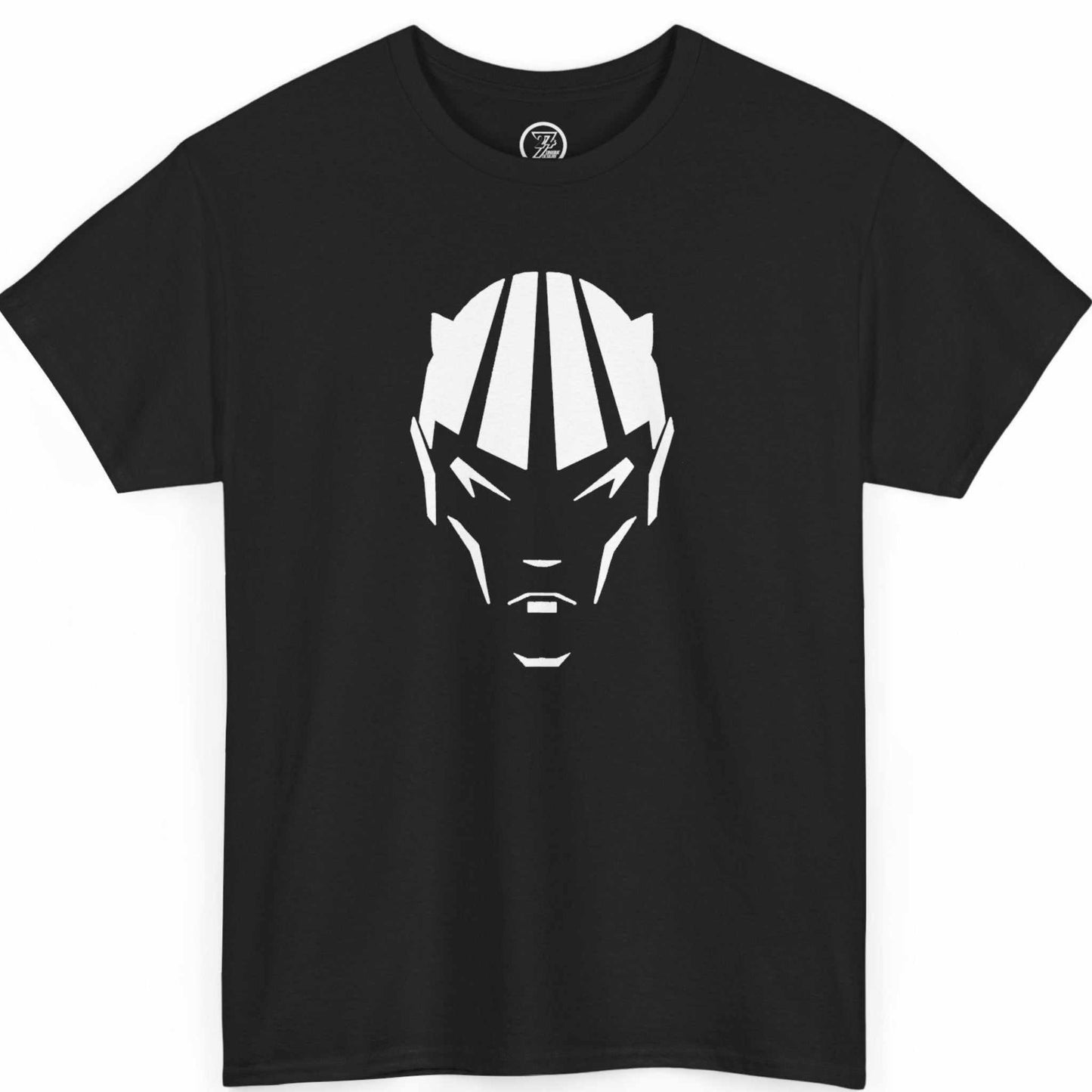Front view of a black dark fantasy demon face shirt featuring the sharp white geometric design, displayed on a clean background.