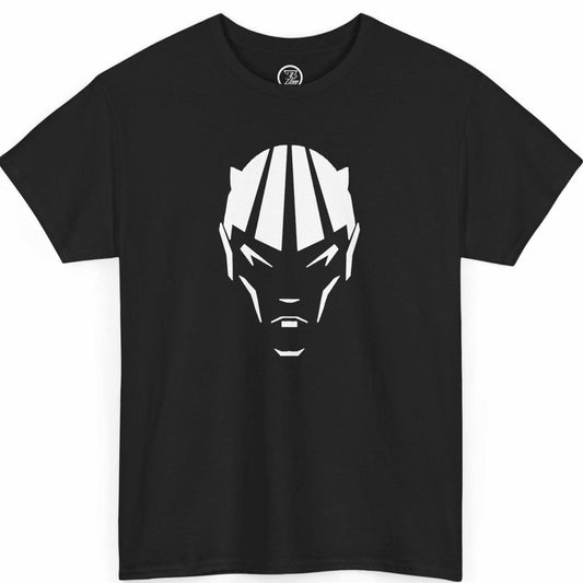 Front view of a black dark fantasy demon face shirt featuring the sharp white geometric design, displayed on a clean background.