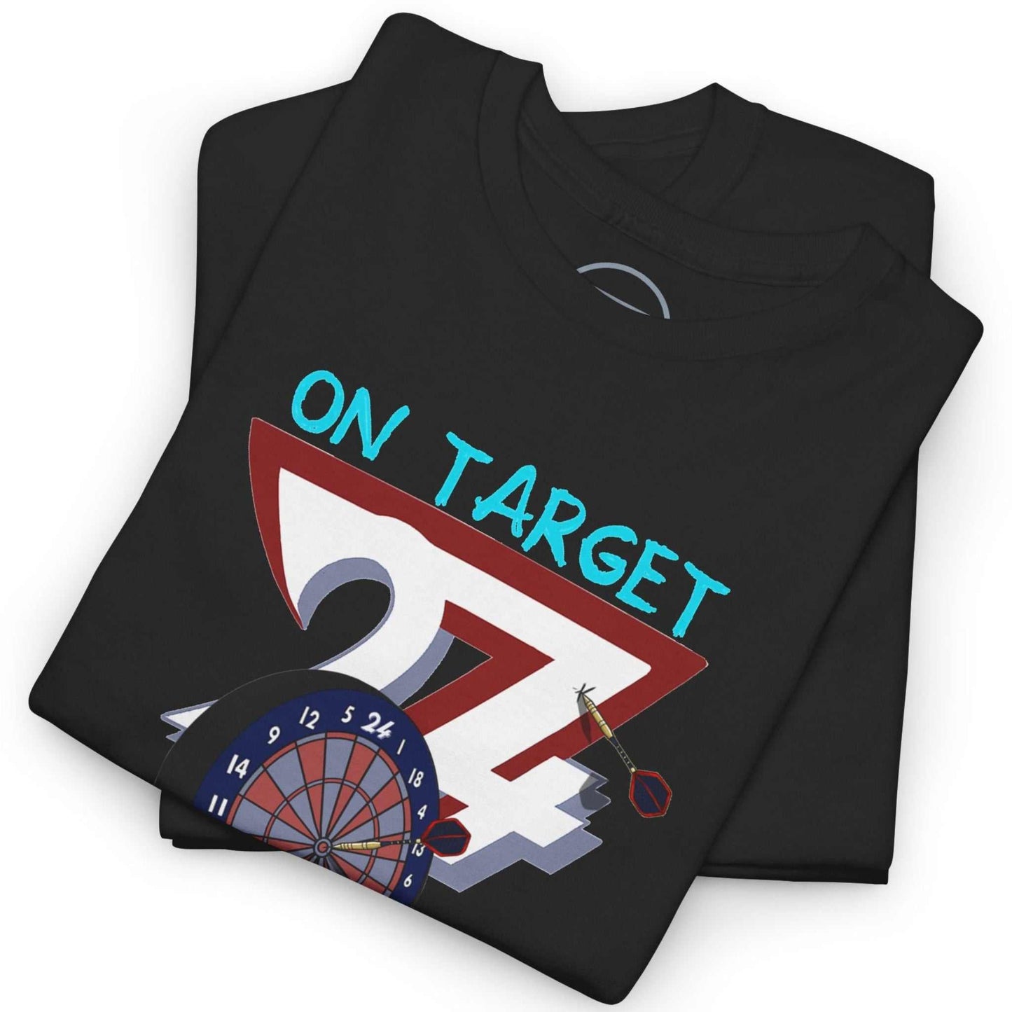 Neatly folded black dart league apparel shirt highlighting the crisp DTG front print and durable fabric, laid flat.