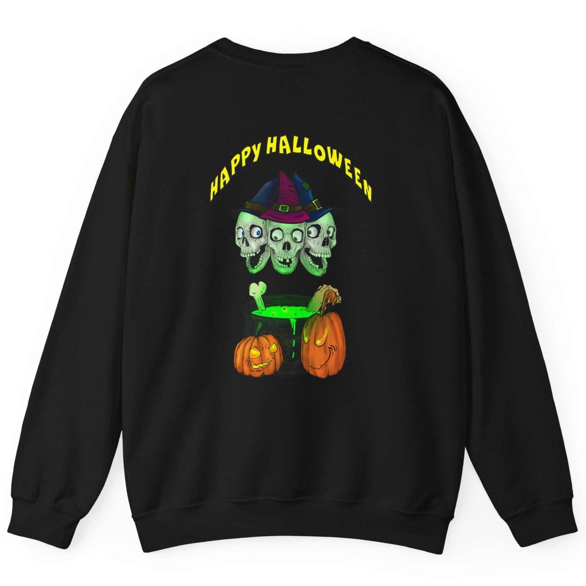 Back view of the black double-sided Halloween sweatshirt featuring the glowing skulls graphic, laid flat.