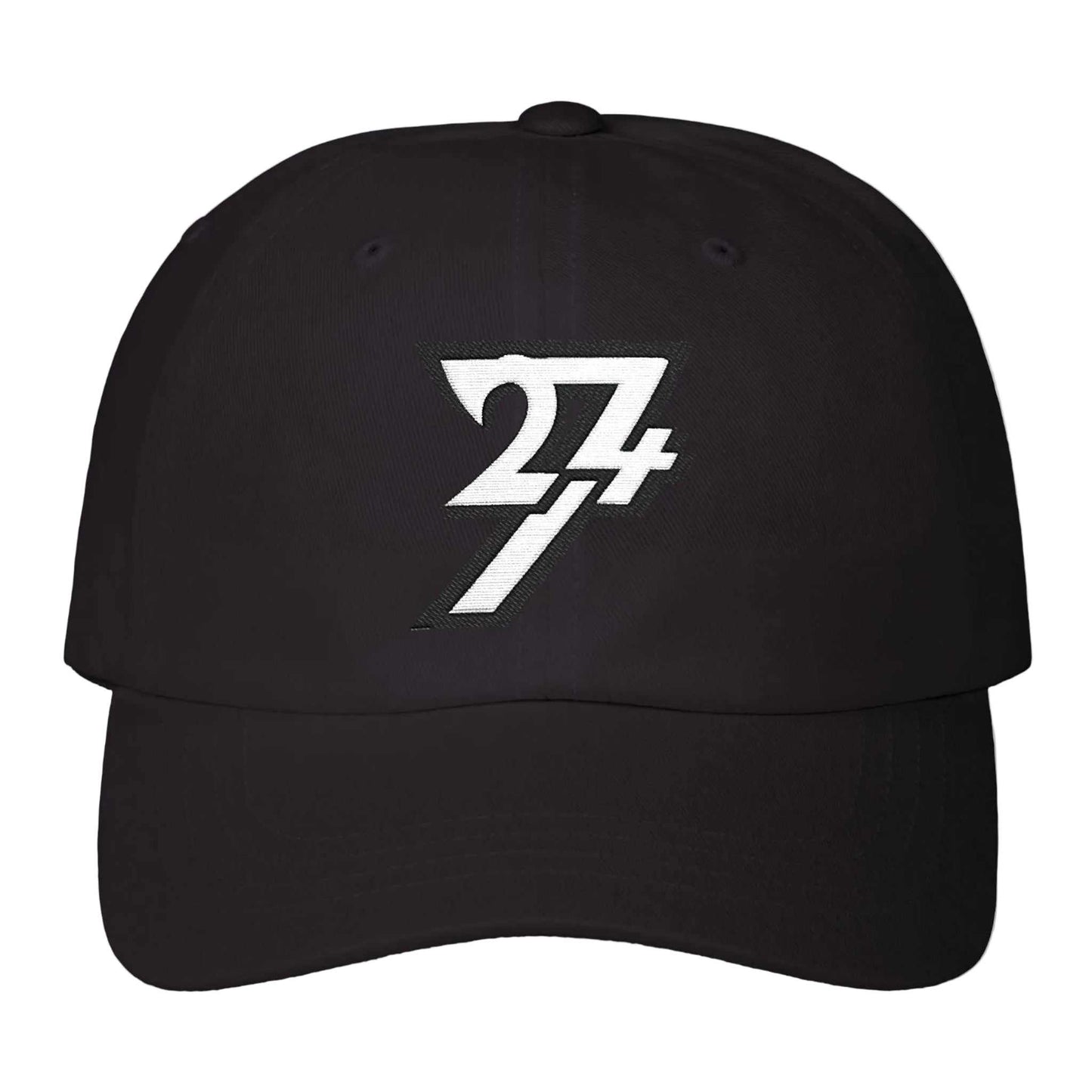 Flat lay of a black embroidered dad hat showcasing the human-drawn zero-AI logo.