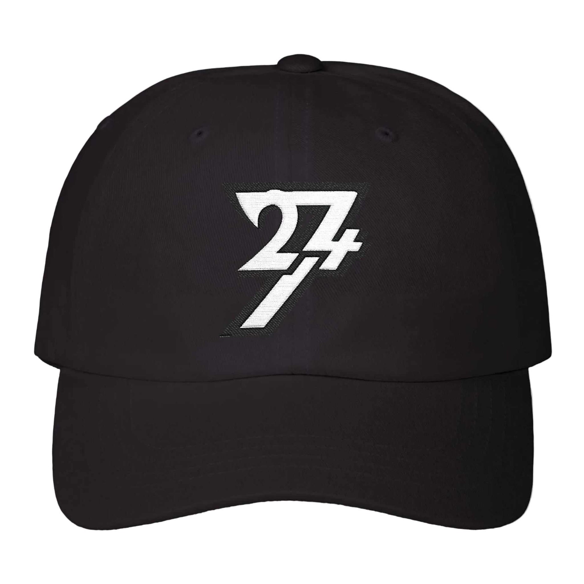 Flat lay of a black embroidered dad hat showcasing the human-drawn zero-AI logo.
